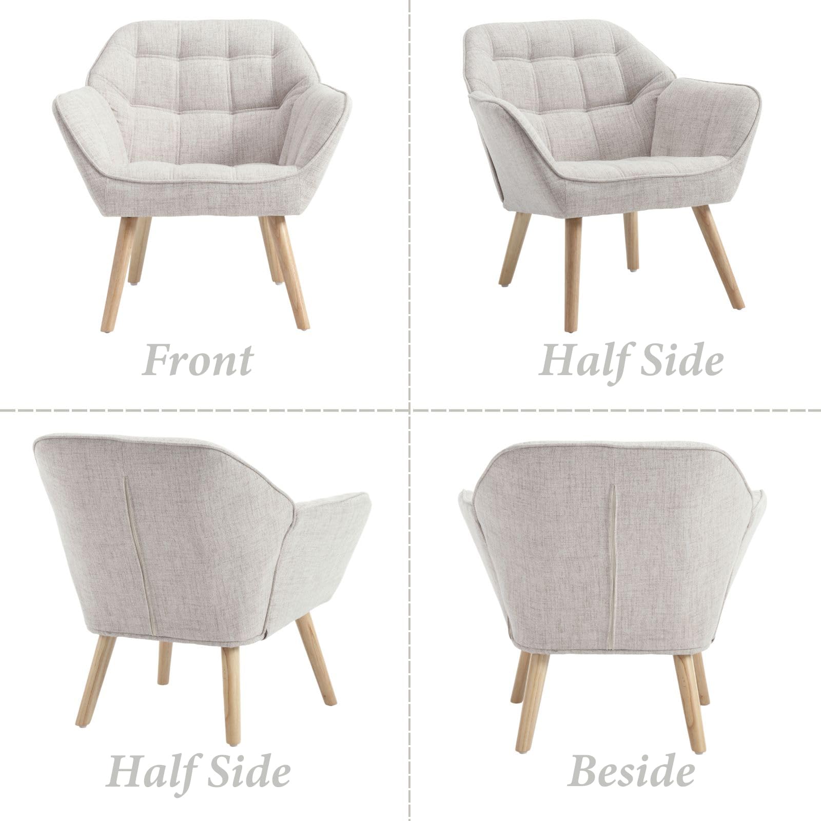 Ya-Home Poltrona Imbottita Poltroncina Moderna in Tessuto di Lino Sedia da Salotto con Gambe in Legno Poltrone con Braccioli per Camera da Letto/Soggiorno, Beige