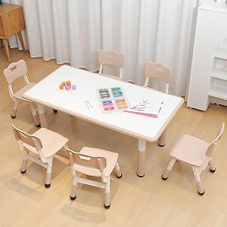 ALBSEOY Kids Table and Chair Set, Toddler Daycare Table and Chairs for Boys and Girls Age 2-12, Height Adjustable Table with 6 Seats, Preschool Table, Kids Table for Classrooms/Daycares/Homes