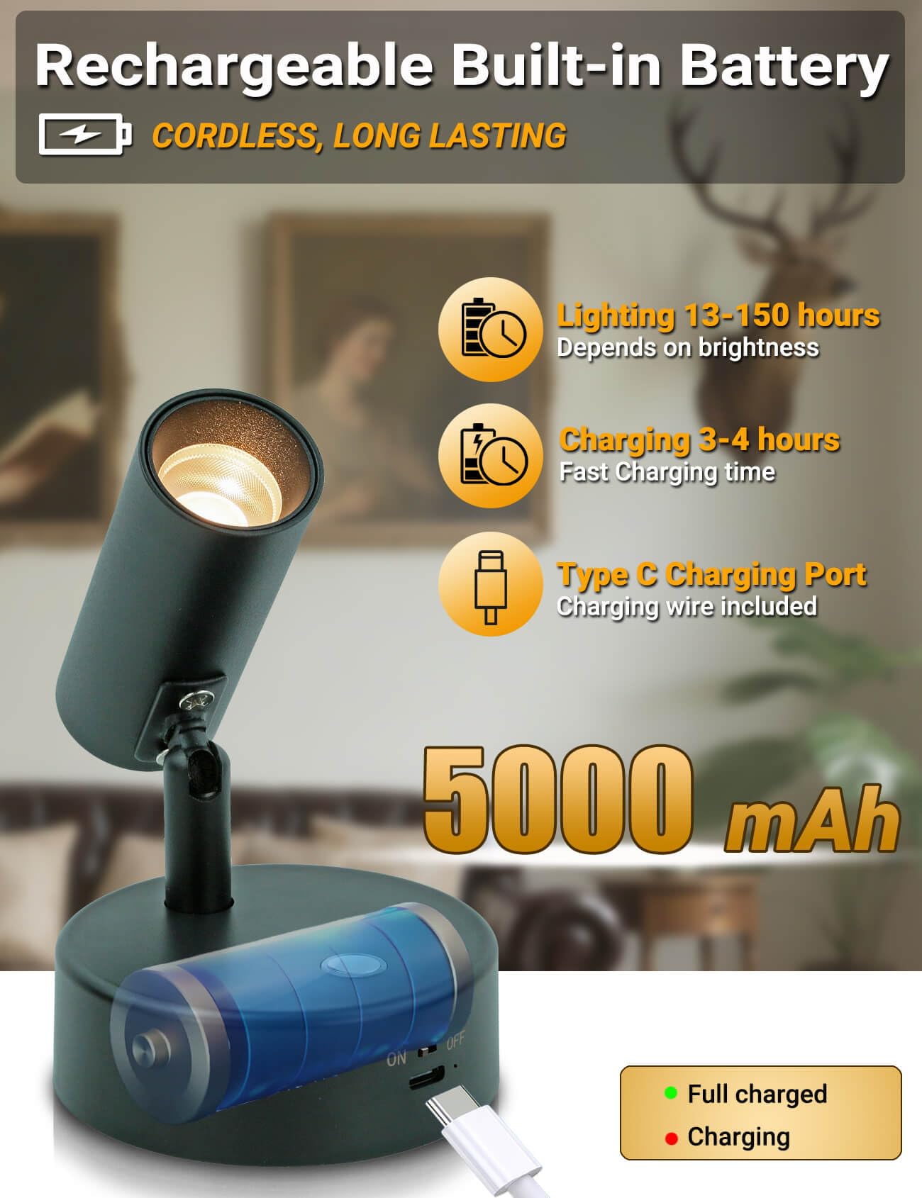 Spotlights für den Innenbereich mit Fernbedienung, Wiederaufladbares Bild-Spotlight, Kabellose LED-Akzentbeleuchtung mit Timer & Dimmfunktion 3 CCT Mini-Spots für Gemälde Kunstwerke, 2 stk
