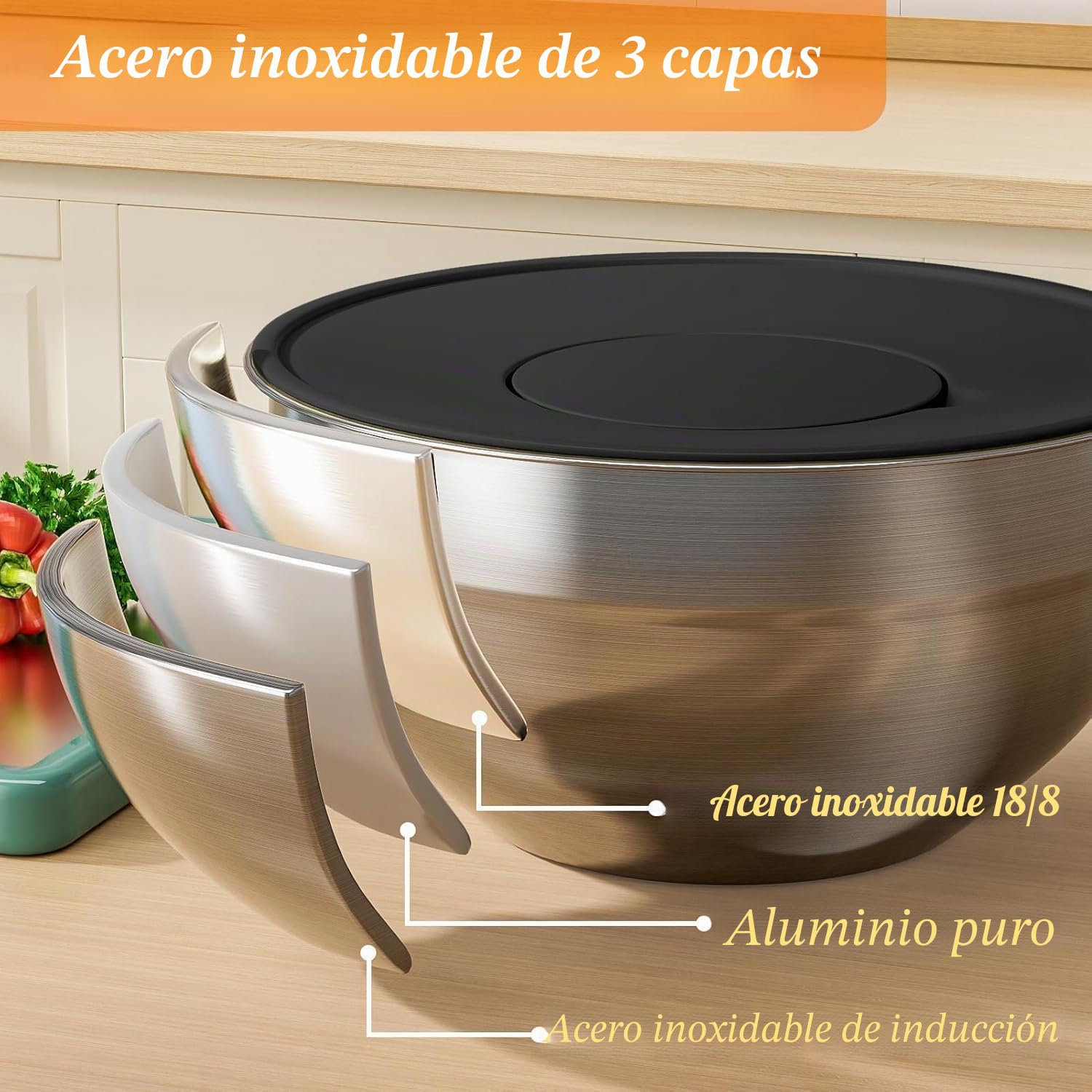 Beler Juego de 6 cuencos para mezclar de acero inoxidable con tapa y rallador, juego de ensaladera para cocina con base de silicona, 3 cabezales de trituración, 4,7 l, 3,8 l, 2,8 l, 1,9 l, 1,4 l, 0,6