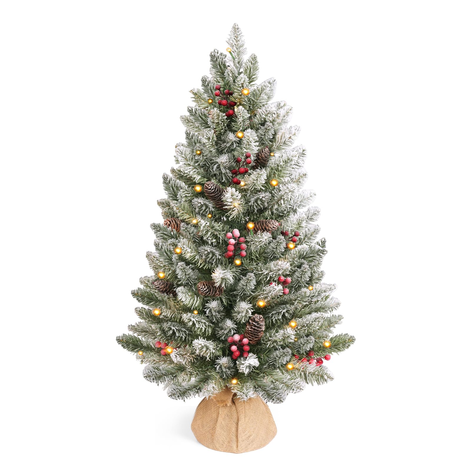 HOKEEPER Sapin de Noël artificiel 90 cm avec LED et baies | Sapin de Noël artificiel avec pommes de pin, montage facile, support stable, festif