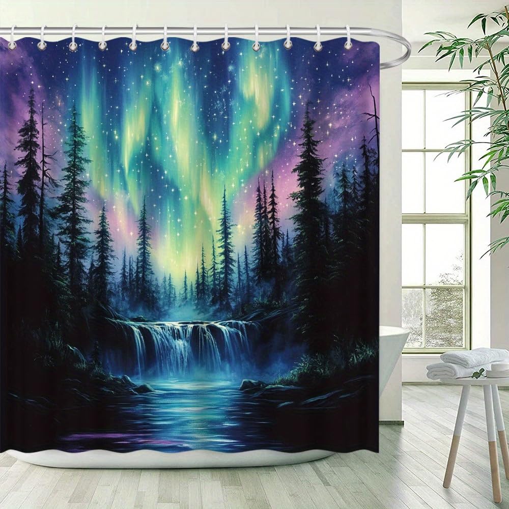 GLWDMB 1 Piece 150x180CM Mystical Northern Lights Forest Printed Shower Curtain With Hook, Polyester, for Windows And Walls, Bathtub, Bathroom, Machine Washable, All Season Universal