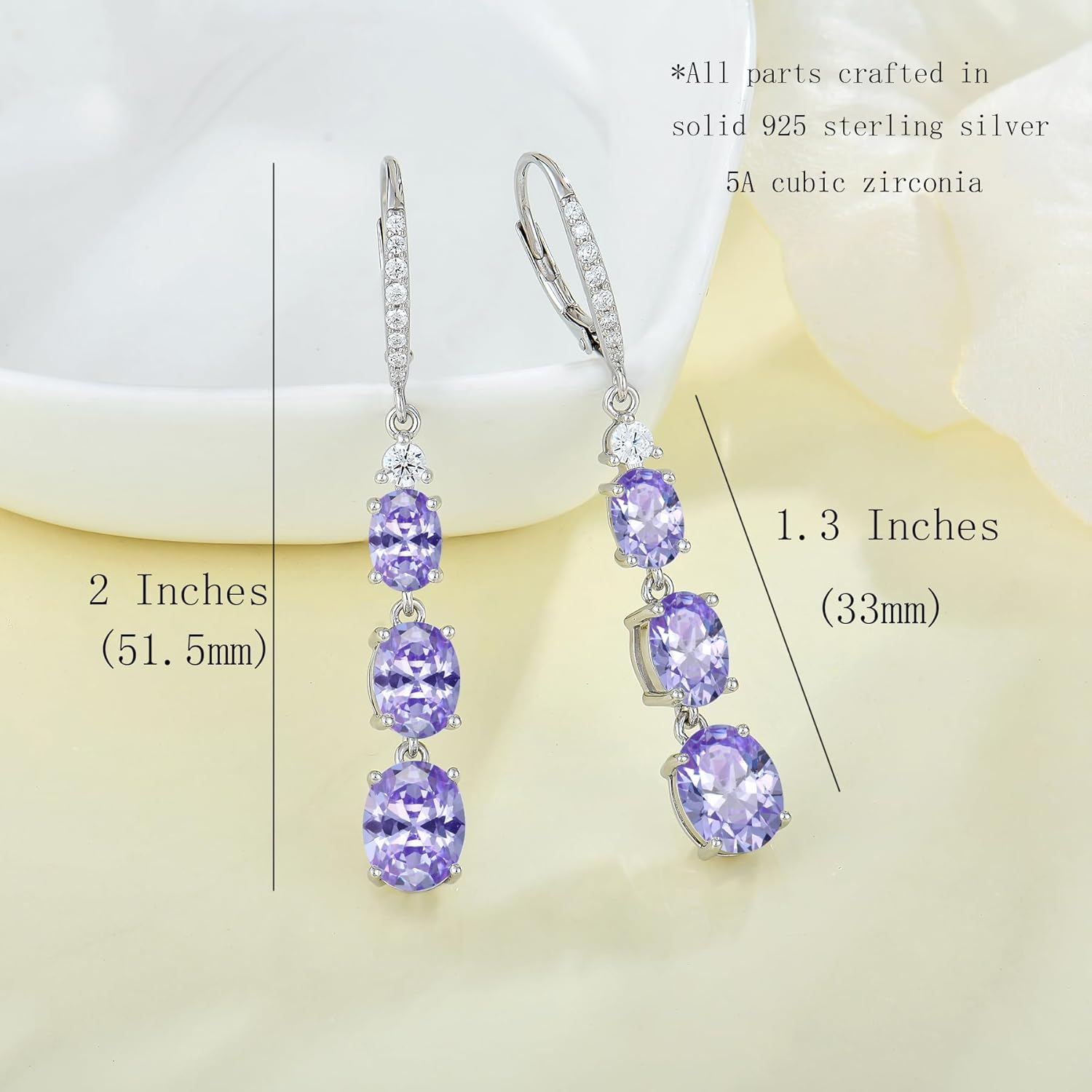 Women 925 Sterling Silver Birthstone 3-stone Leverback Drop Dangle Earrings 5A Cubic Zirconia Jewelry for Her - Image 3