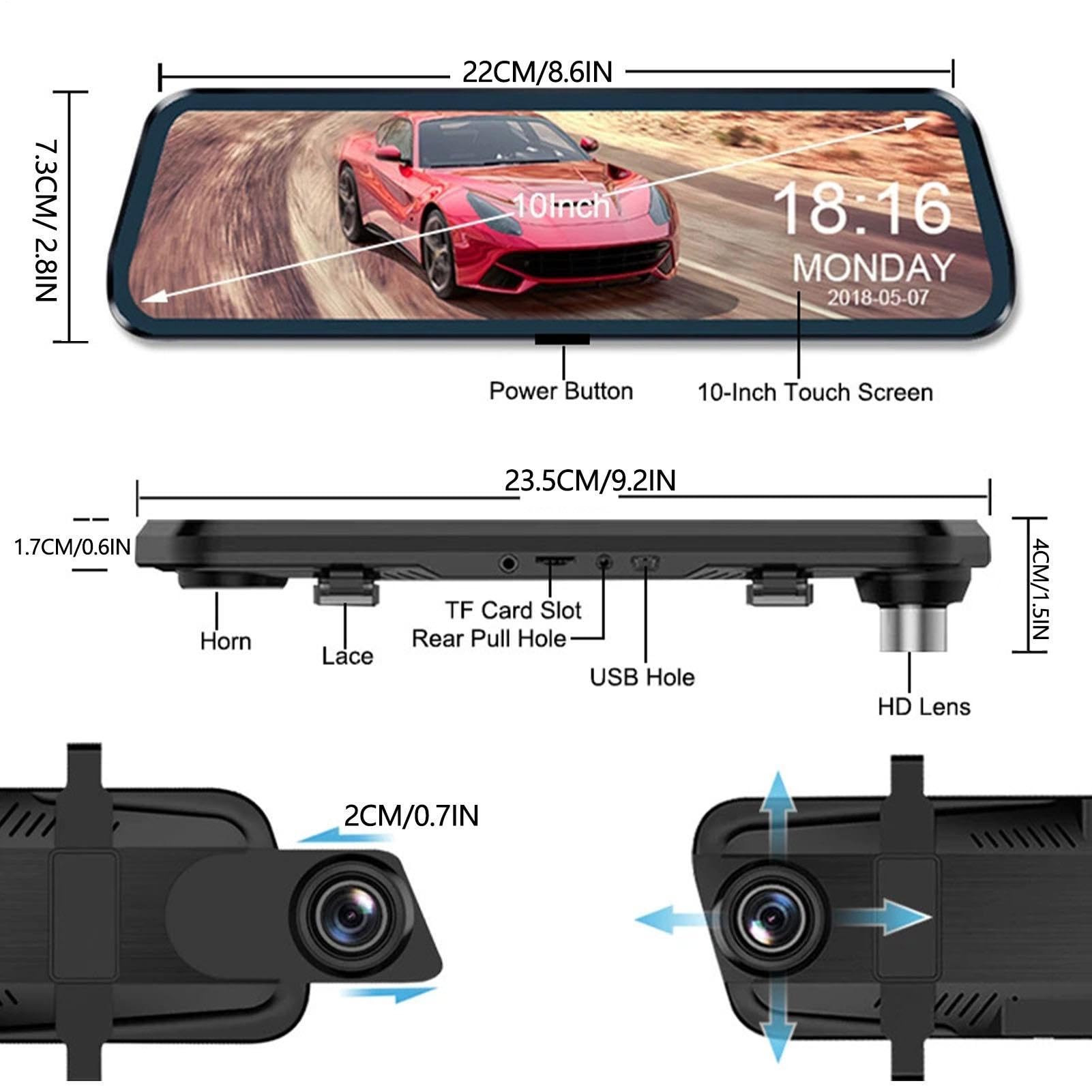 Dash Cam a specchio anteriore posteriore, telecamera per specchietto