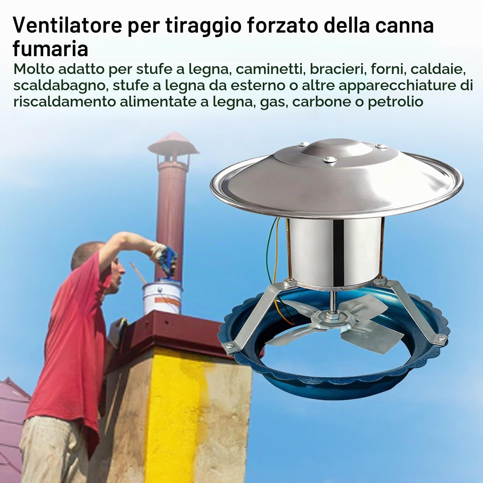 120W Aspiratore Fumo, Grande Ventilatore per Camino Ventola Aspirazione da 17,5-24 cm Aspiratore FuMi per Camino con 4 Pale Silenzioso Aspira Cenere Camino