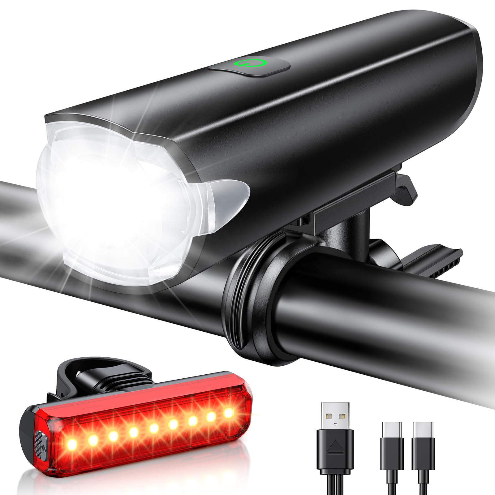 CIRYCASE Luci Bicicletta LED 1200 Lumen, 2600mAh Luce Bici Ricaricabile USB Lunga Durata, 3+5 Modalità Luce Set Anteriore Posteriore Ciclismo Montagna, IP65 Impermeabile Auto Luci Avviso Emergenza