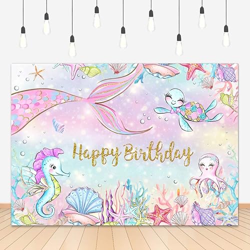 Miniatura 7 de Lofaris Telón de fondo de fotografía bajo el mar de 5 x 3 pies para niñas, sirenita, fiesta de cumpleaños, hipocampo, concha, tortuga, fondo coral,