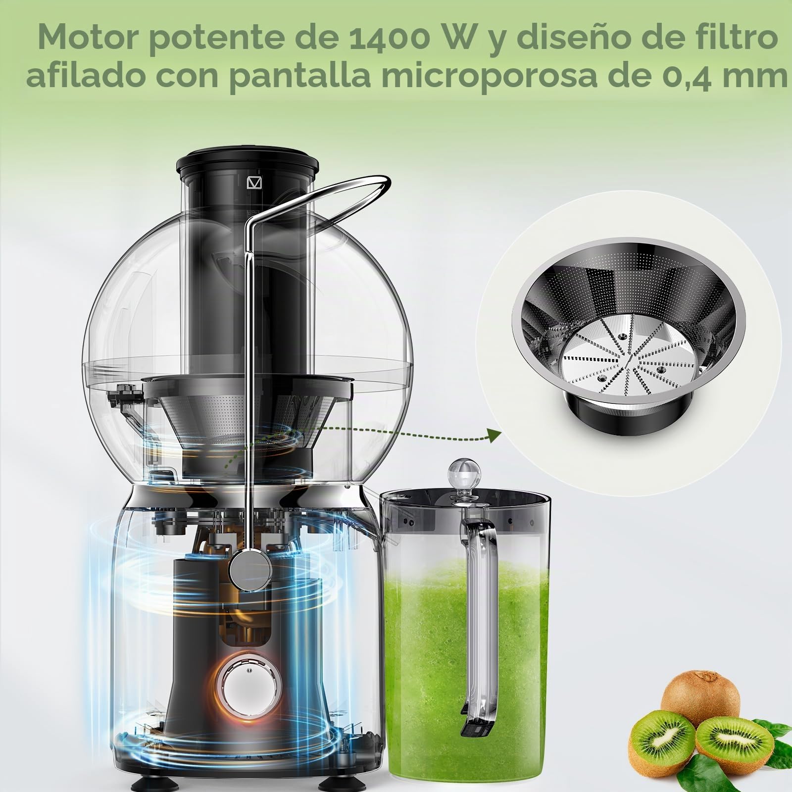 Extractor de zumo Vospeed, exprimidor de frutas y verduras de 1400 vatios con conducto de alimentación de boca ancha de 3,5 pulgadas con vaso de zumo de 1,2 litros, sin BPA, fácil de limpiar(negro)