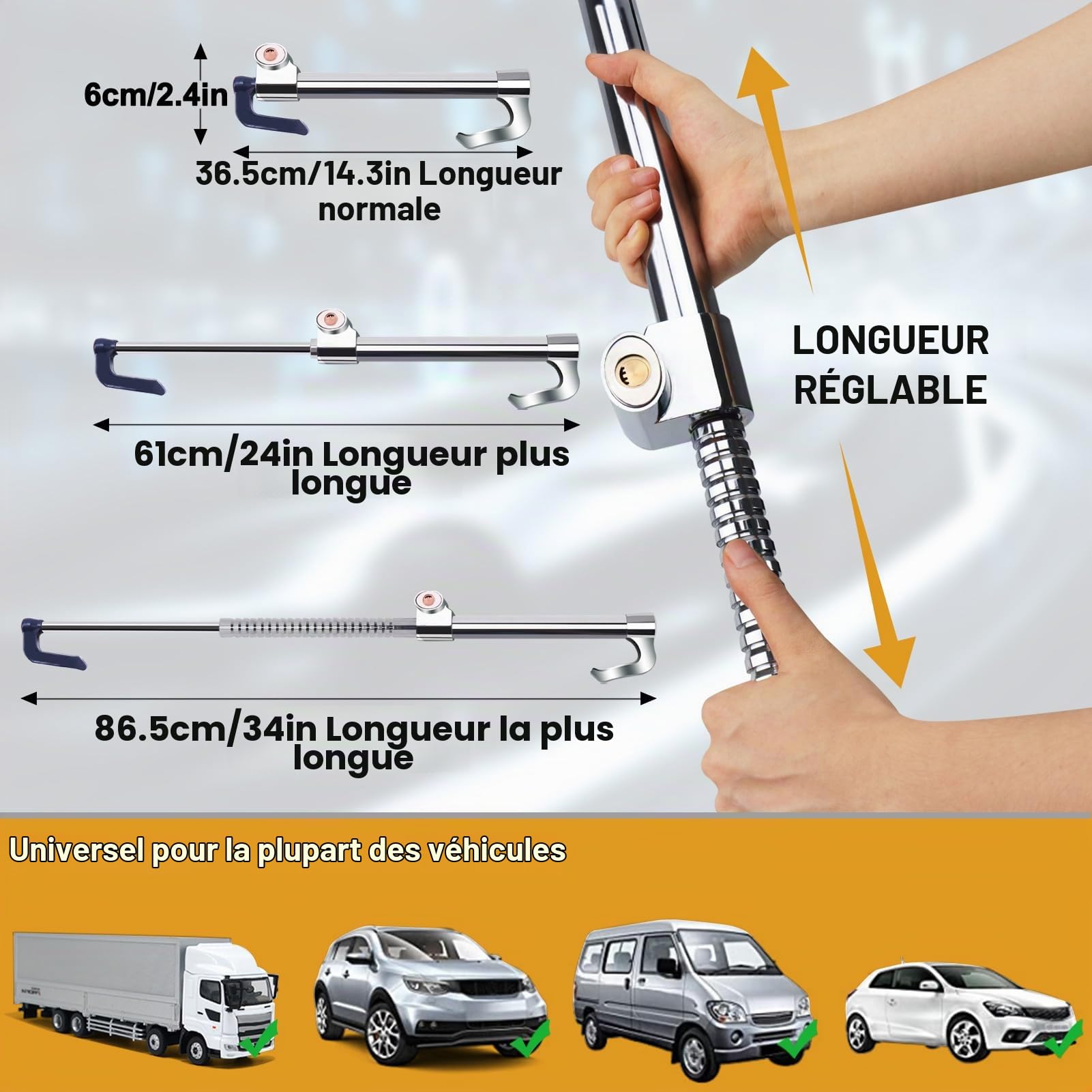 Turnart Antivol Volant, Canne Antivol Voiture, Bloque Volant Auto, FabriquÉ En Acier Inoxydable, Avec 3 Clés (Gris)