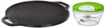 Amazon Brand - Solimo Pre-Seasoned Cast Iron Dosa Tawa, 12 Inches (30 cm) & Plastic 500 ml Large Vegetable Chopper with 3 Blades, Green