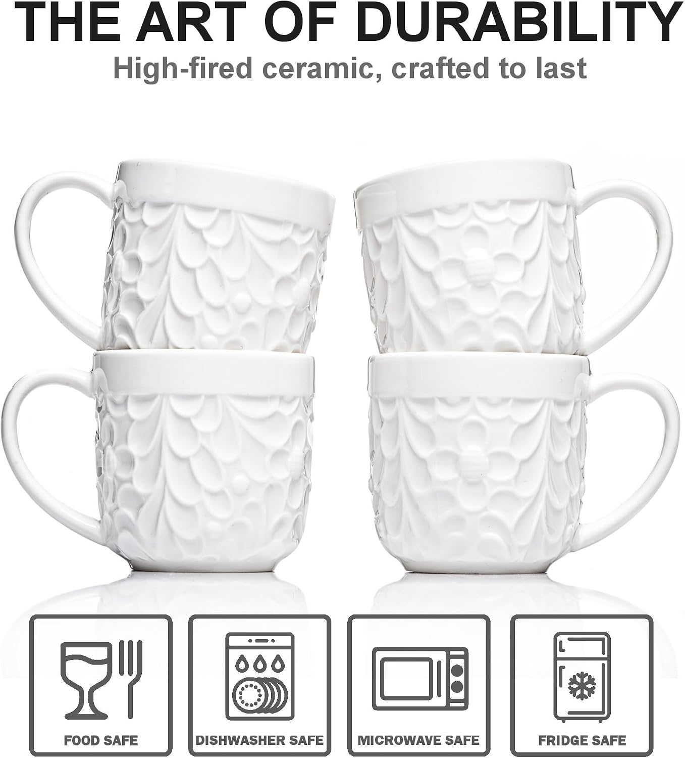 25DOL Small 3.3 Oz Ceramic Espresso Cups Set of 4, Nature Engraved, White