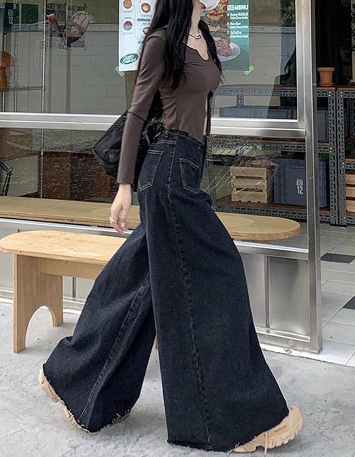 Women's Wide Leg Y2K Baggy Jeans High Waisted Flared Loose Denim Pants