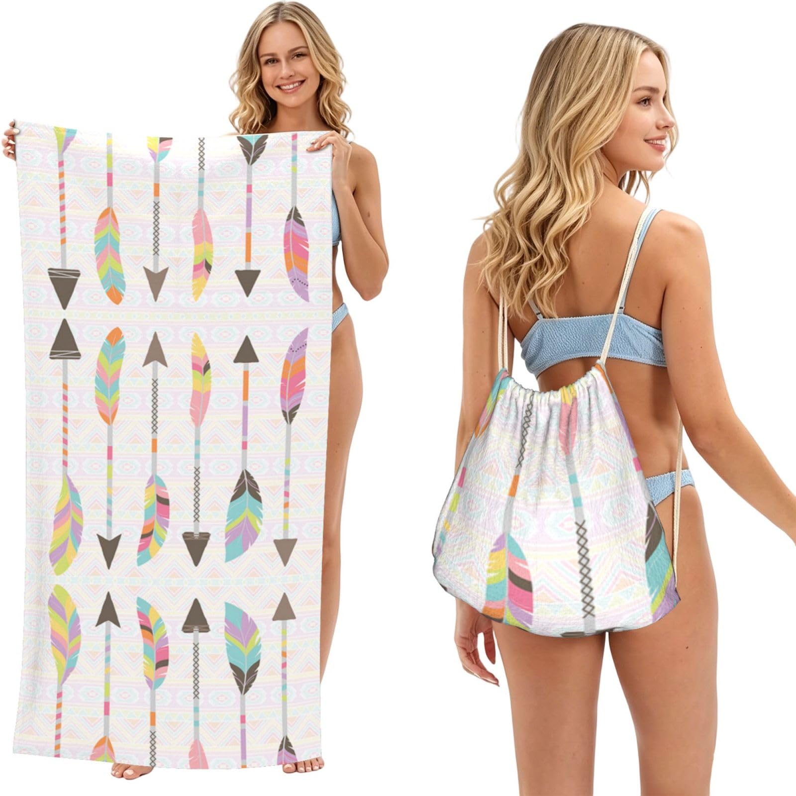 ESNAIUVCD Feather Arrows Print Beach Towel For Adults,Towel With Drawstring Bag, Travel Pool Swimming Sports Shower Sand Free Quick Dry Bath Towel For Pool, Beach, Yoga- 180x60cm