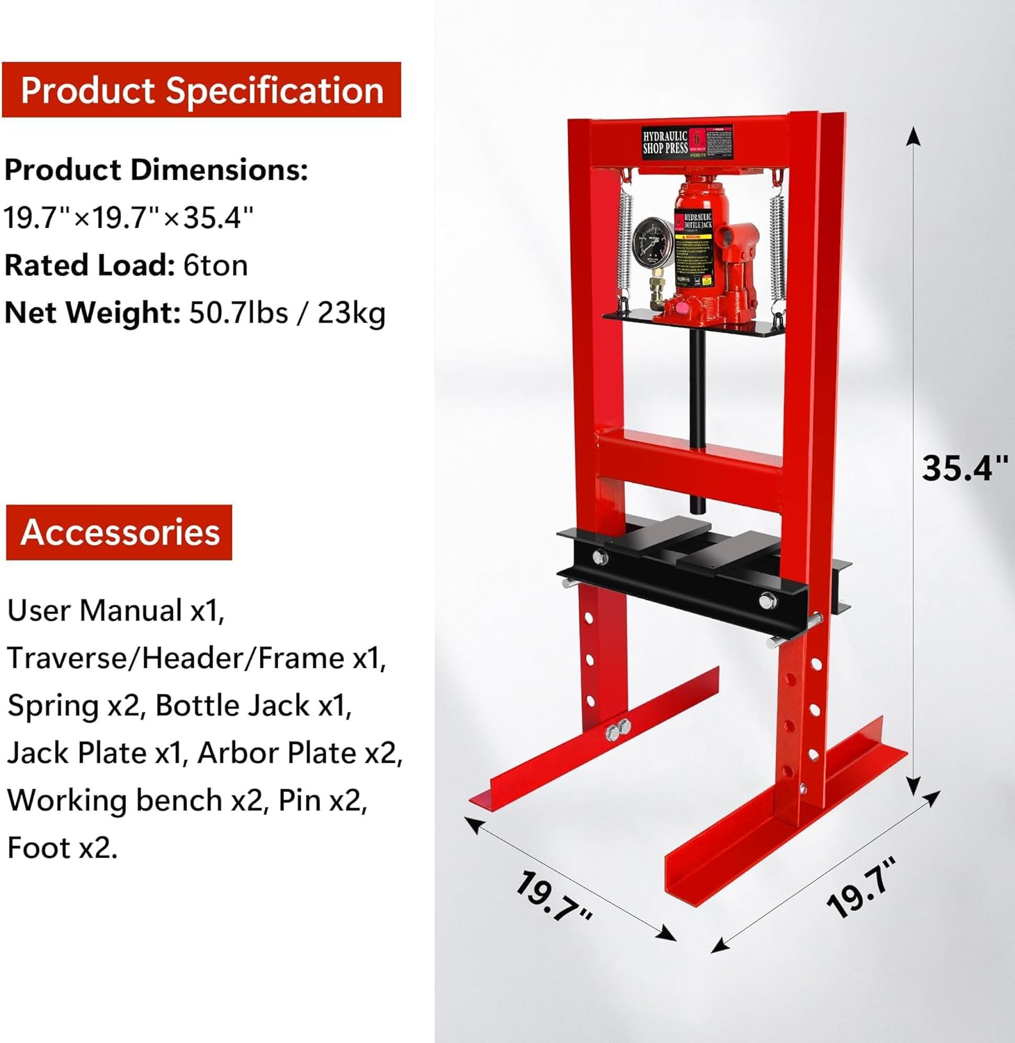 6 Ton Hydraulic Shop Press, Heavy Duty h-Frame Floor Stand Bench Press with Manual Jack, for Bearing Removal, Straightening, u-Joint, Punches & Rivets, Max 6-Ton Force, 2-Position Plates