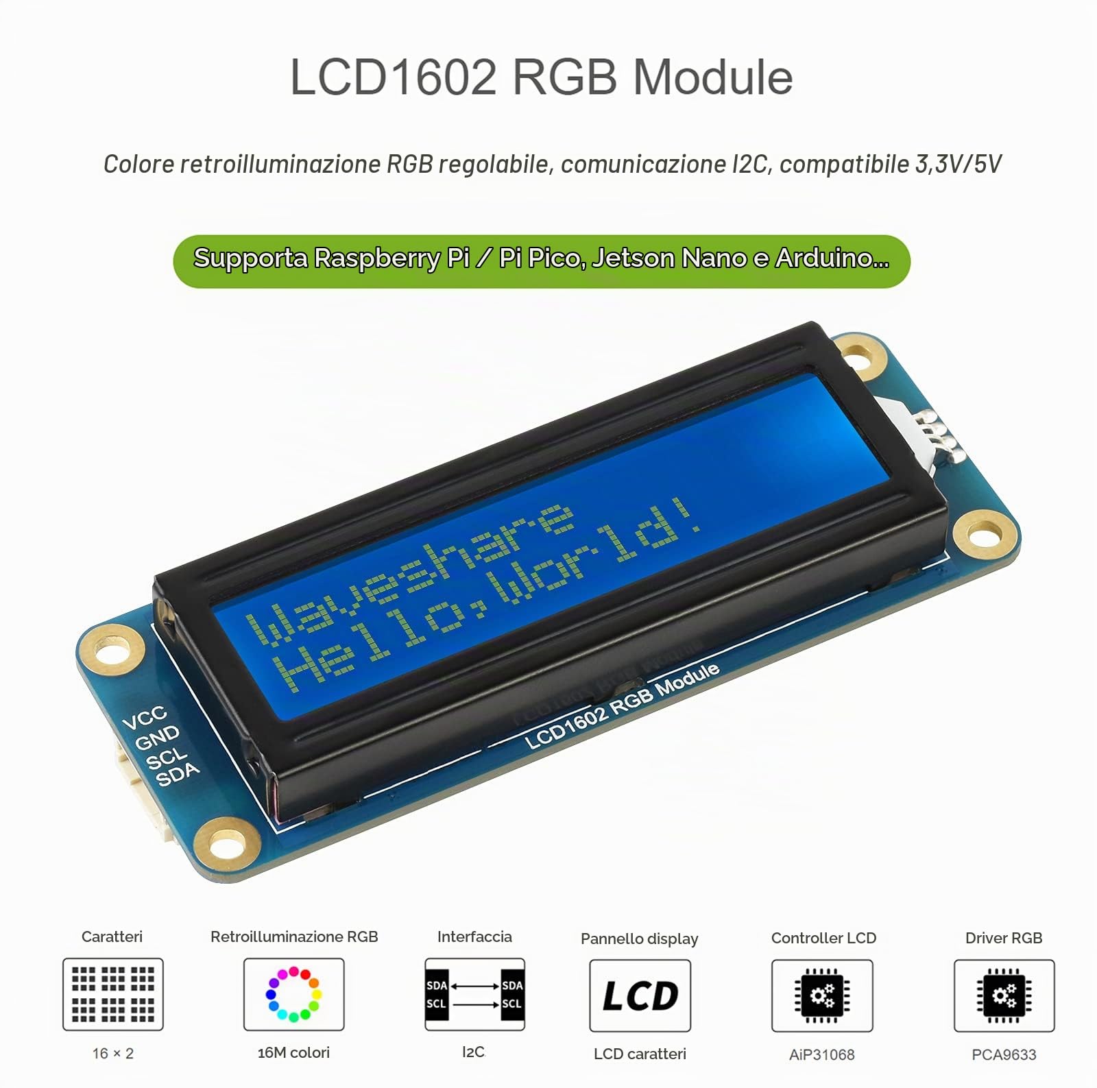 1602 Display LCD Modulo 16x2 Caratteri Modulo LCD Retroilluminato RGB 16M Colori, Compatibile 3.3V/5V, Bus I2C, per Raspberry Pi/Pi Pico, Jetson Nano, Arduino