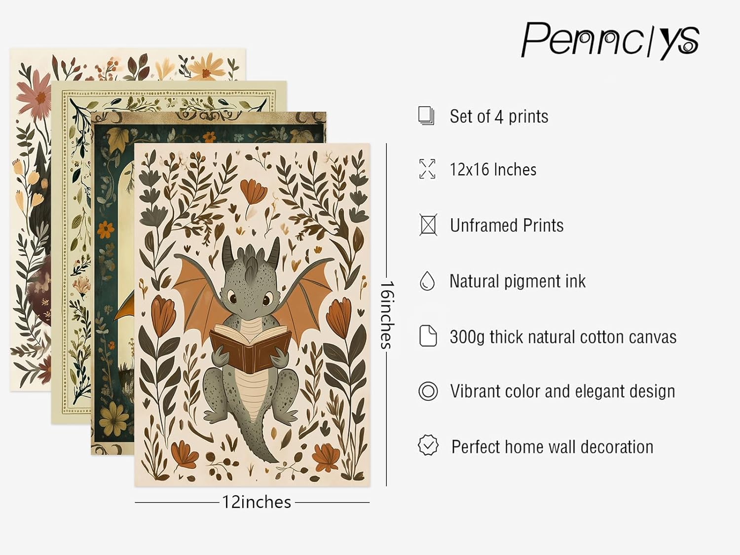 Vintage Nursery Dragon Wall Art Baby Boy Room Canvas Wall Decor Whimsical Dinosaur Flower Poster Nursery Cute Dragon Pictures Fantasy Prints Painting for Girls Bedroom Kids Room 12x16x4 Inch Unframed