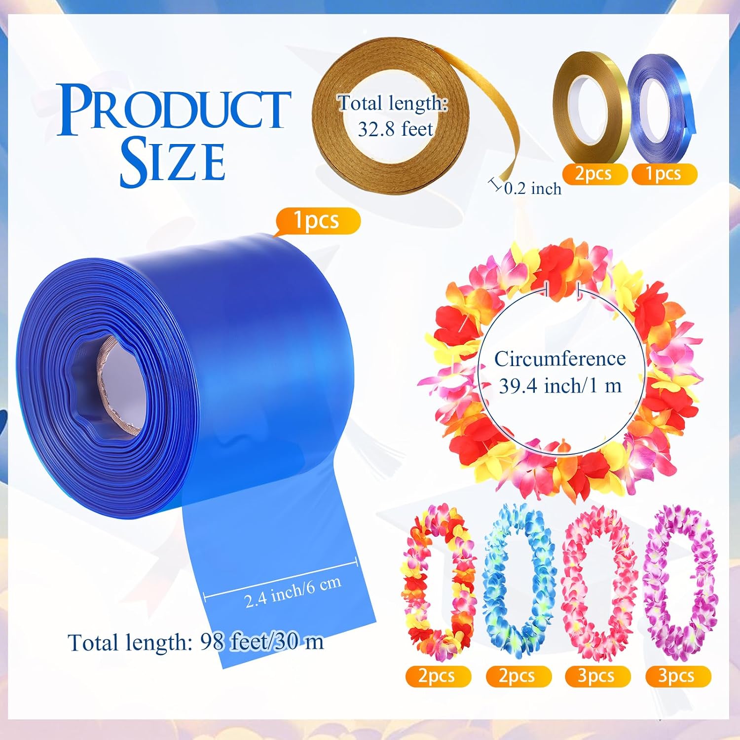 Fuutreo 2.4 Inch x 98 ft Graduation Candy Lei Making Kit Include Poly Tubing Roll Hawaiian Leis Ribbon for Packing Snacks Candy DIY Graduation Party Gift Lei Kit(Blue)
