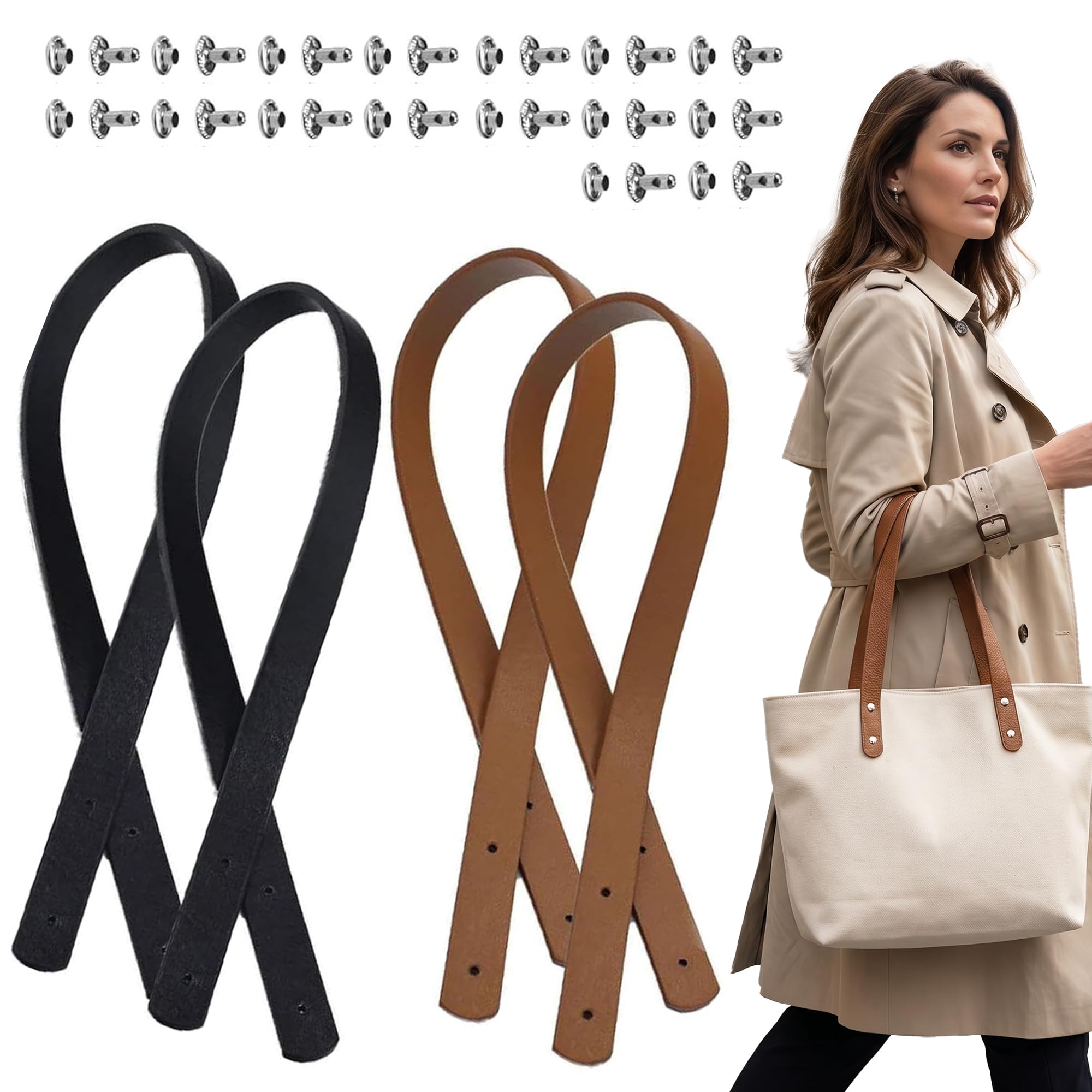 LEOUEANR 2 Pcs 60x2 cm Leather Bag Handles, PU Shoulder Straps Rivets