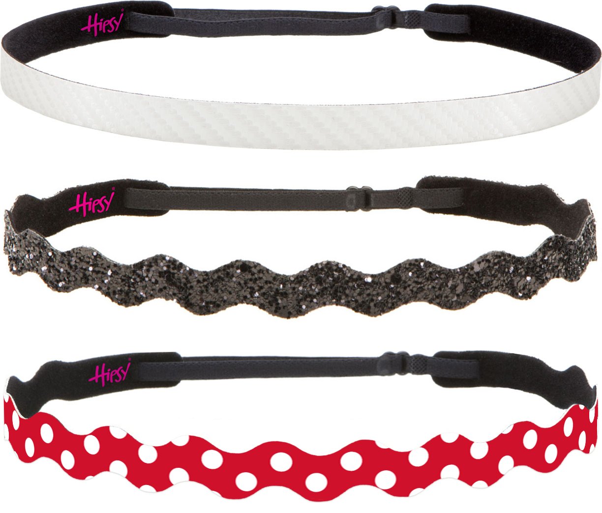 Hipsy Women's Adjustable Non Slip Wave Polka Dots & Bling Glitter Fashion Headbands 3-pack (Red/Black/White)