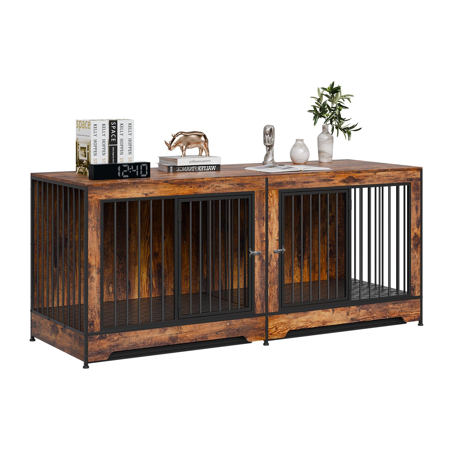 VEVOR Cage pour Chien 1901x670x824 mm Meuble Cage Chien en Bois Intérieur Multi-usages avec Double Porte, Séparateur, Plateau Amovible, Table d'Appoint pour Chiens de Taille Moyenne Grande, Marron