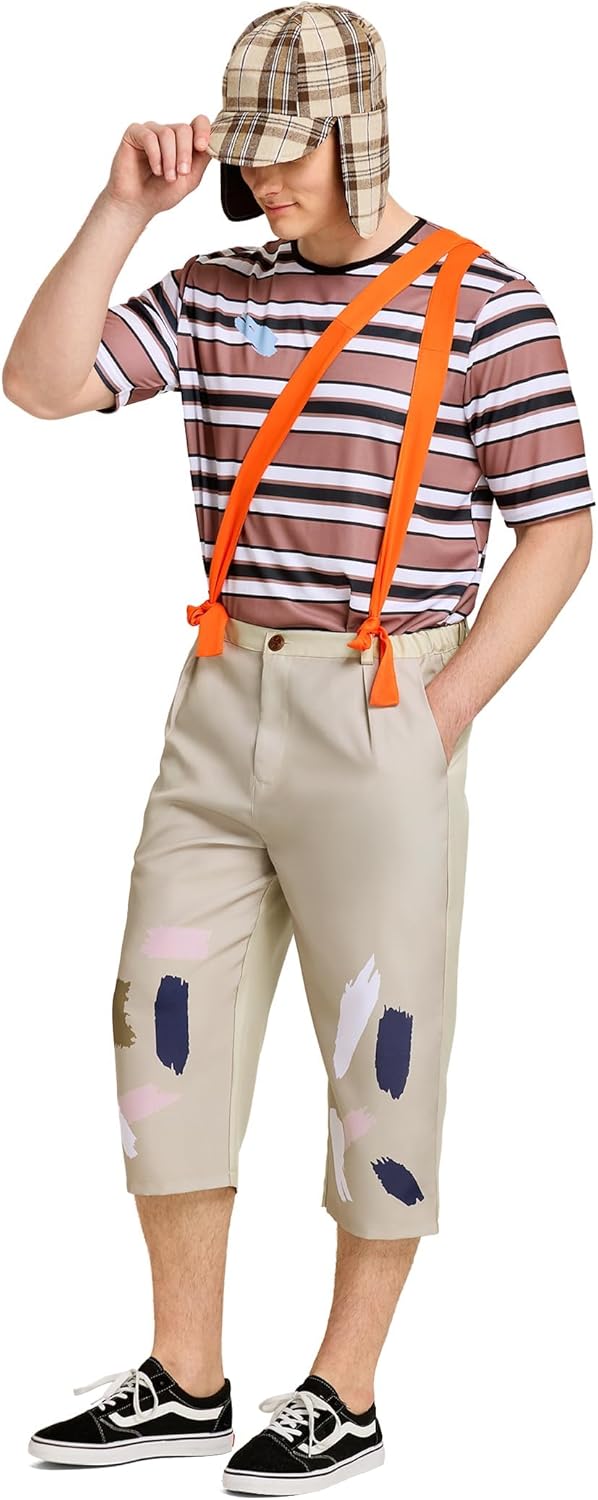 Halloween Costume Adult Men Chavo Striped Shirt Suspenders Pants Hat Mexican TV 4Pcs Cosplay Party Plus Size Suit - Image 3