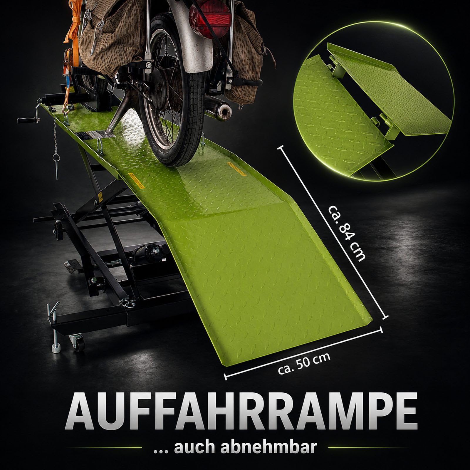 TRUTZHOLM Motorradhebebühne hydraulisch Tragkraft 360 kg kleiner Motorradheber Hubbereich 18-83 cm Nutzbreite 50 cm abnehmbare Auffahrrampe 4 Halteösen 45° Vorderradklemmung Scherenheber Moped in grün