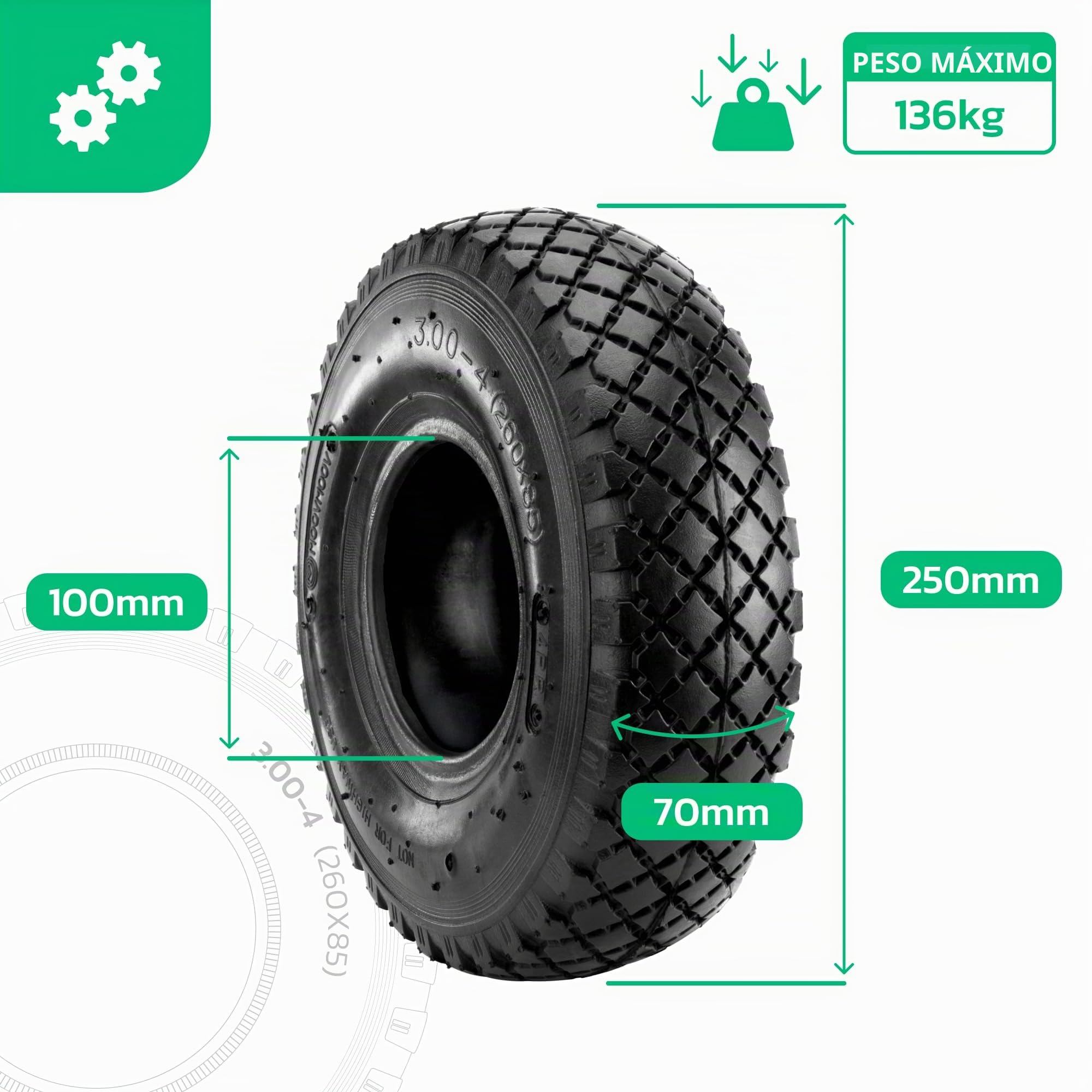 MOOVMOOV Neumático 3.00-4 (260x85) con Cámara de Aire Válvula Acodada TR87 | Compatible con Carretillas de Transporte, Remolques, Carros de Jardín de 4 Ruedas - Para Neumático 3.00-4