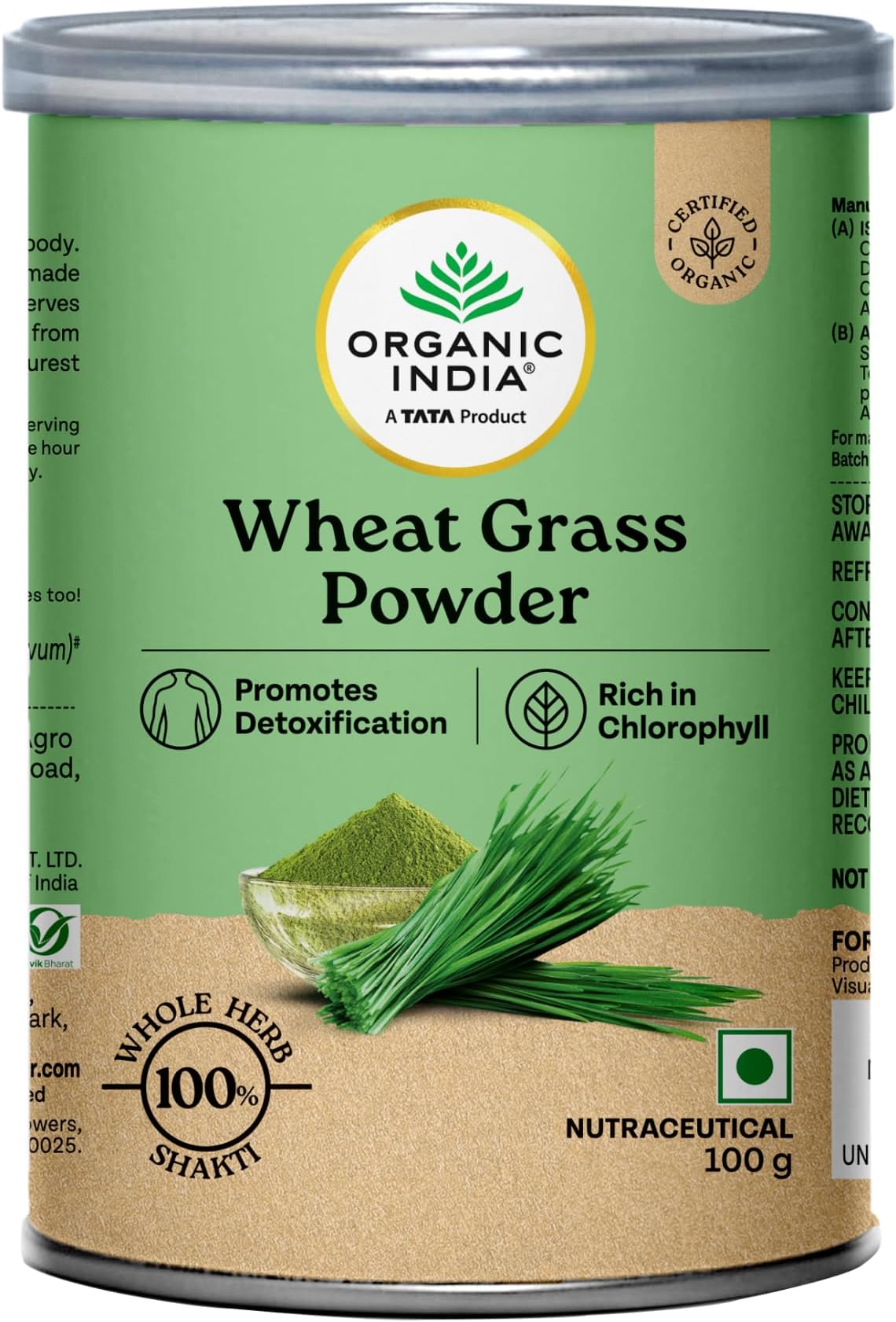 A TATA Product - Organic India Wheat Grass - 100g, Supports Immunity & Boosts Stamina, Rich in Natural Antioxidants, Vitamins & Minerals, For Detox, Overall Well-Being, GMP & NPOP Certified Organic