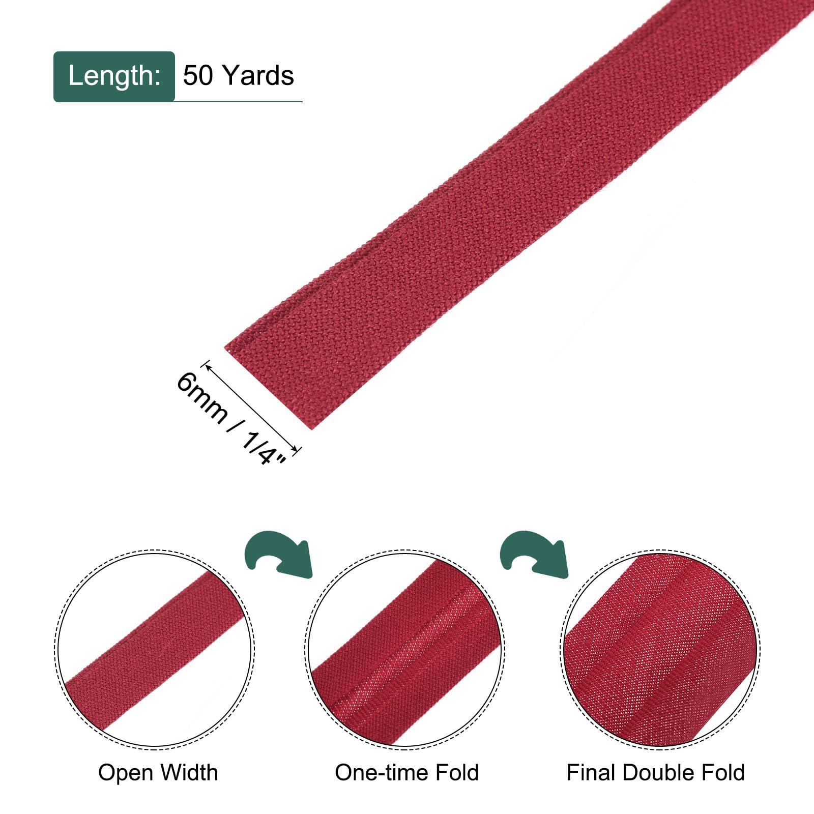 MECCANIXITY Cinta al bies de algodón de doble pliegue de 1/4 pulgadas para costura, costura, acolchado, dobladillo, manualidades (rojo oscuro, 50 yardas)