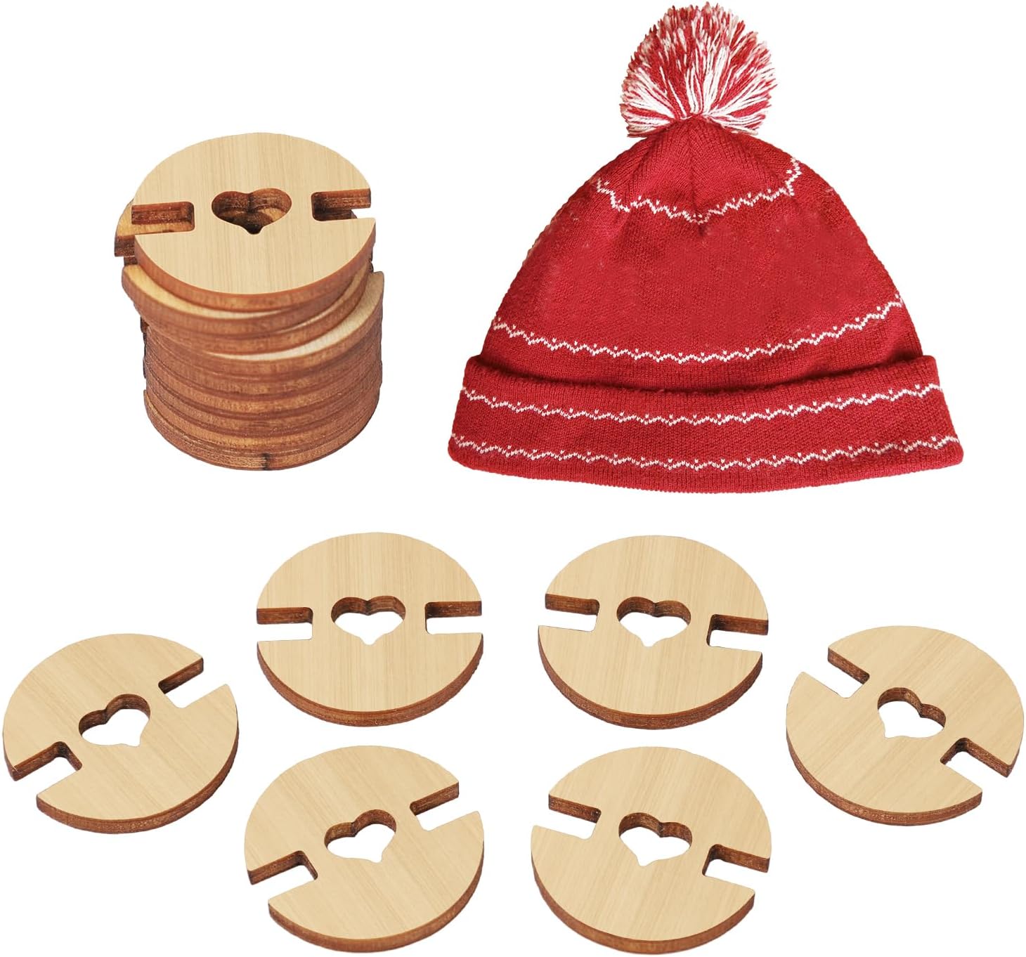 60pcs Pom Poms Buttons for Hats, Wooden Handmade Buttons Removable Love Button Crafts Faux Fur Pom Pom Fastener Holder Sewing Clothing Accessories for Beanies, Knitting, Crochet