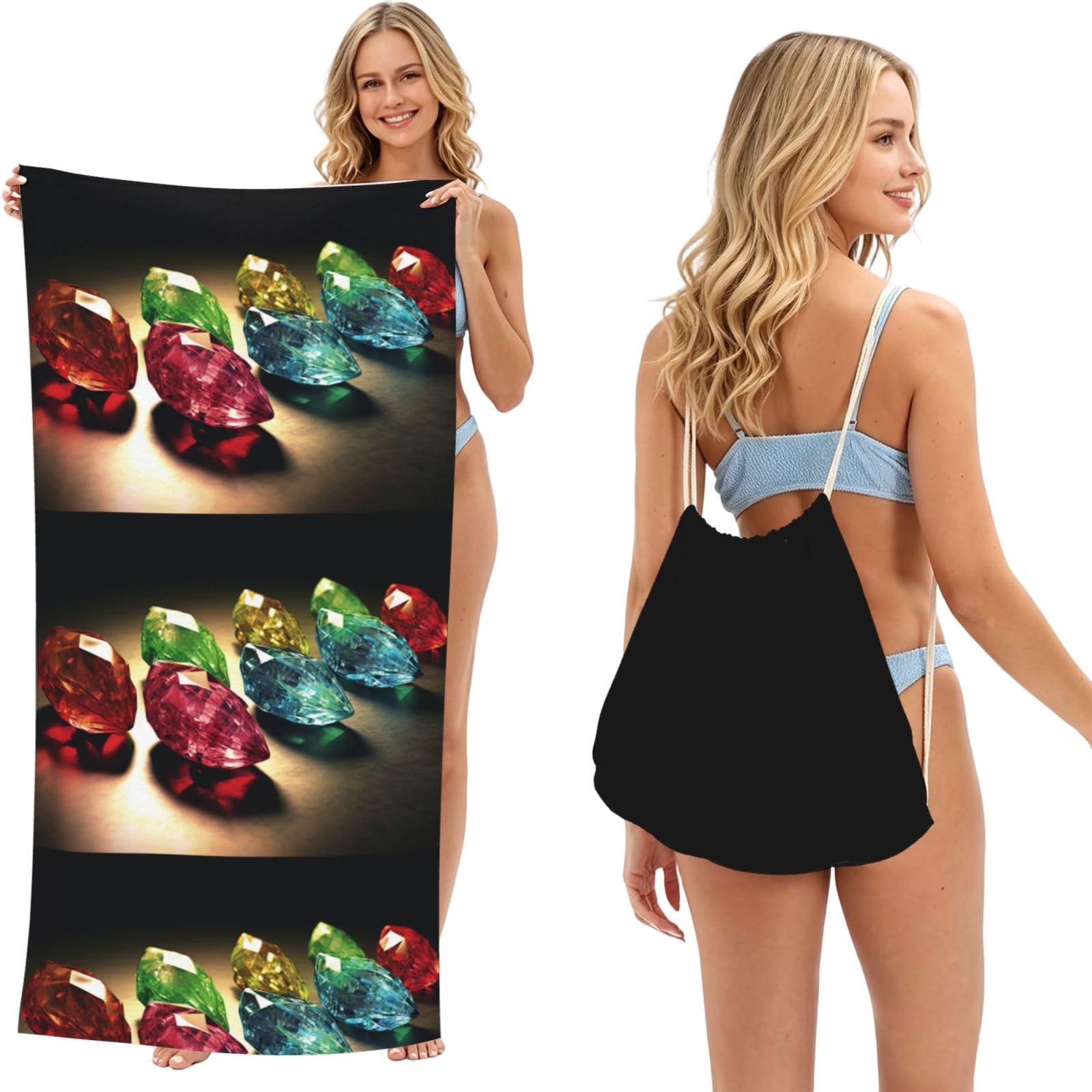 SKGOHLH Brilliant gemstones 2in1 Packable Beach Towel Bag Women