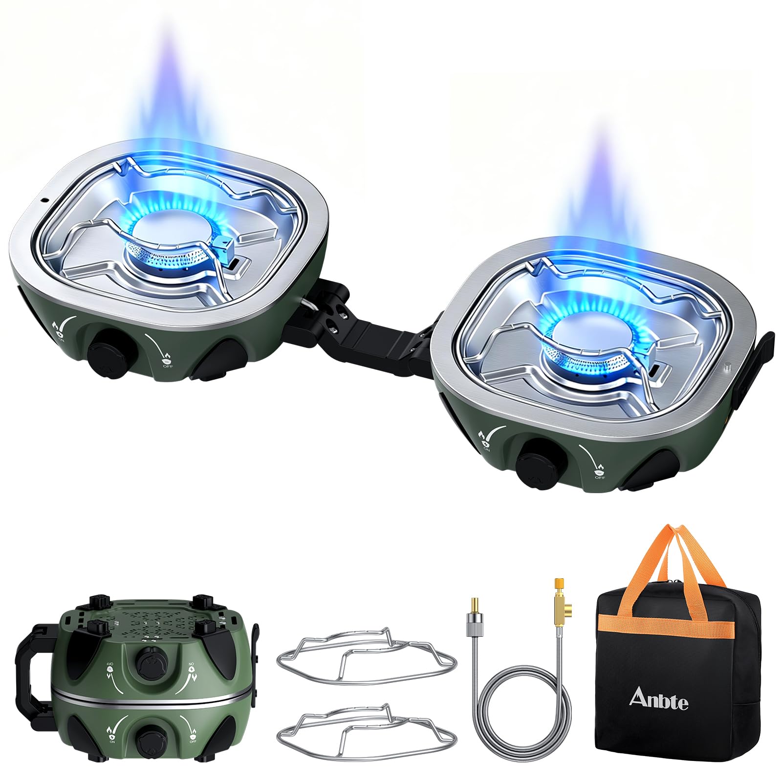 Anbte Hornillo de Camping de 2 Fuegos,2x3 kW, Cocina Portátil de Gas | Quemadores Ajustables, Plegable y Ligero, para Acampadas, Cocina al Aire Libre y Situaciones de Emergencia