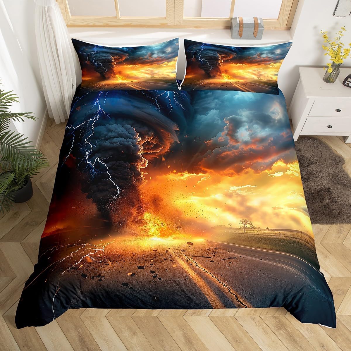 Castle Fairy Tornado Duvet Cover for Boys,Girls Thunder and Lightning Comforter Cover Full Size,Firelight Bedding Set Kids Teen Room Decor Bed Cover,Red and Blue Bedclothes with Zipper