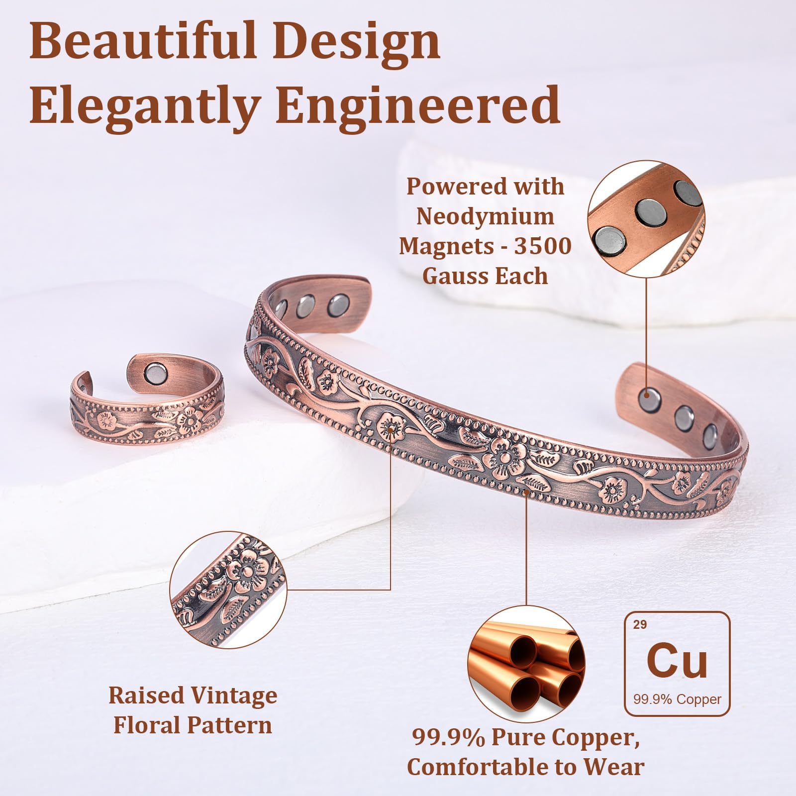 BioMag Bracelet magnétique en cuivre pour femme - Aimants 3800 Gauss - Réglable - Motif floral élégant (motif floral)