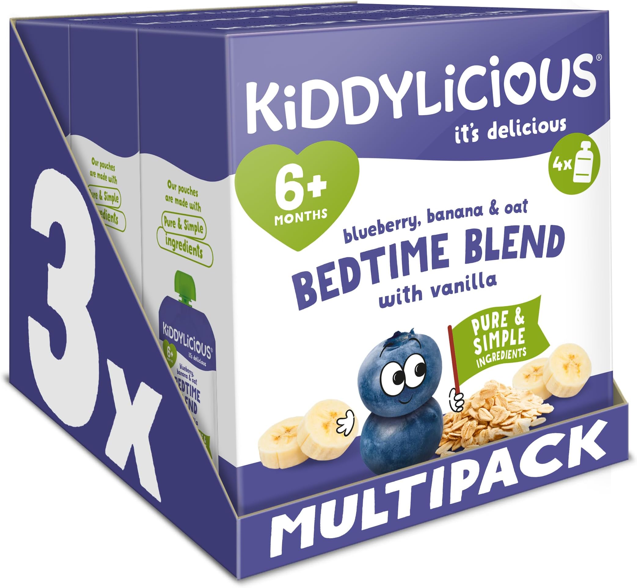 Kiddylicious Bedtime Blend Blueberry, Banana & Oat Pouches - Delicious Pouches for Babies - Suitable for 6+ Months - 3 Packs of 4 (12 Total)