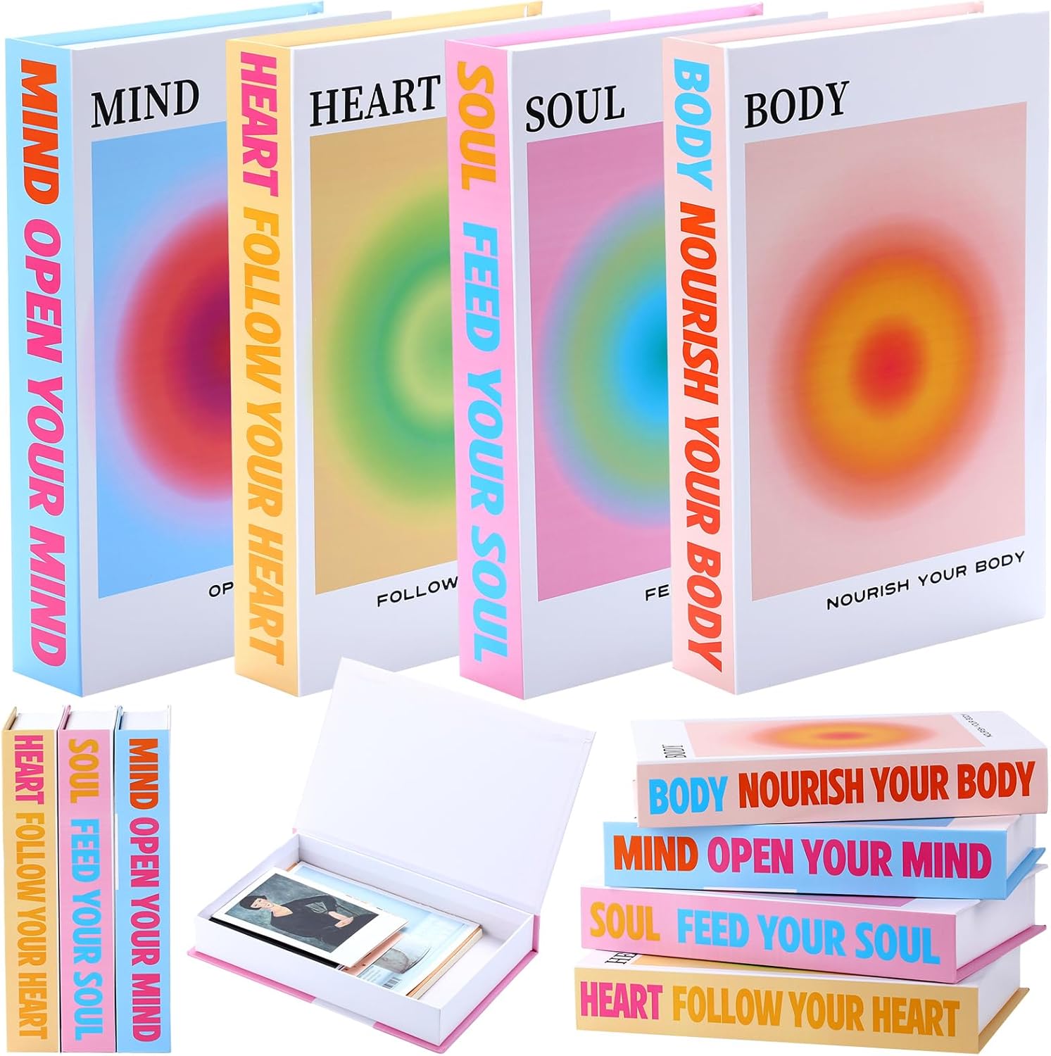 Pasimy Set of 4 Table Decor Desk Fake Books Decoration Hardcover Faux Book Storage with Magnetic Cover Decorative Bookends for Home Shelf Aesthetic Room Decor Coffee Home Office(Gradient Aura)