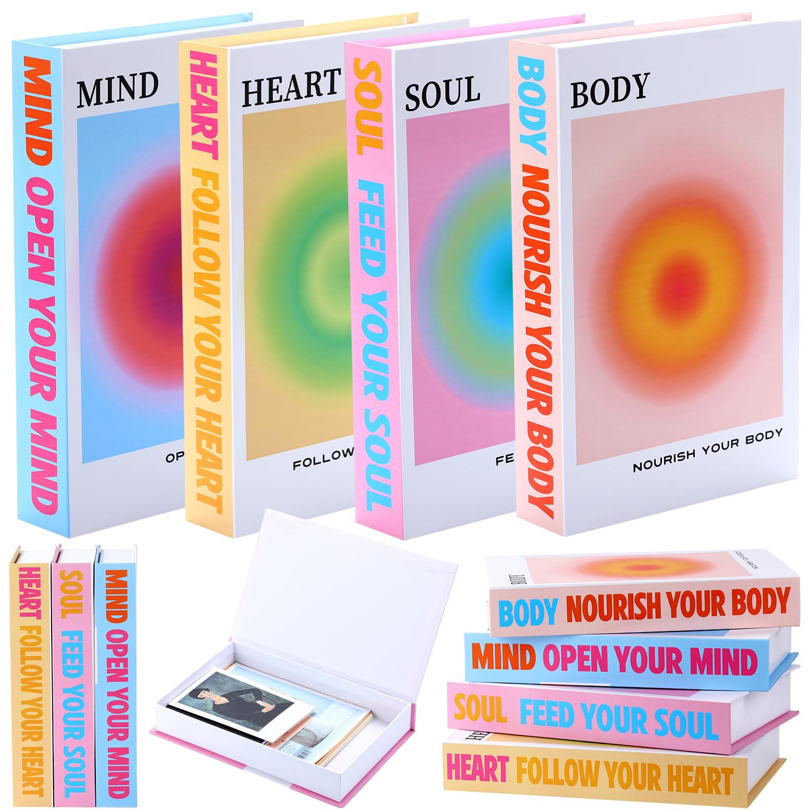 Pasimy Set of 4 Table Decor Desk Fake Books Decoration Hardcover Faux Book Storage with Magnetic Cover Decorative Bookends for Home Shelf Aesthetic Room Decor Coffee Home Office(Gradient Aura)