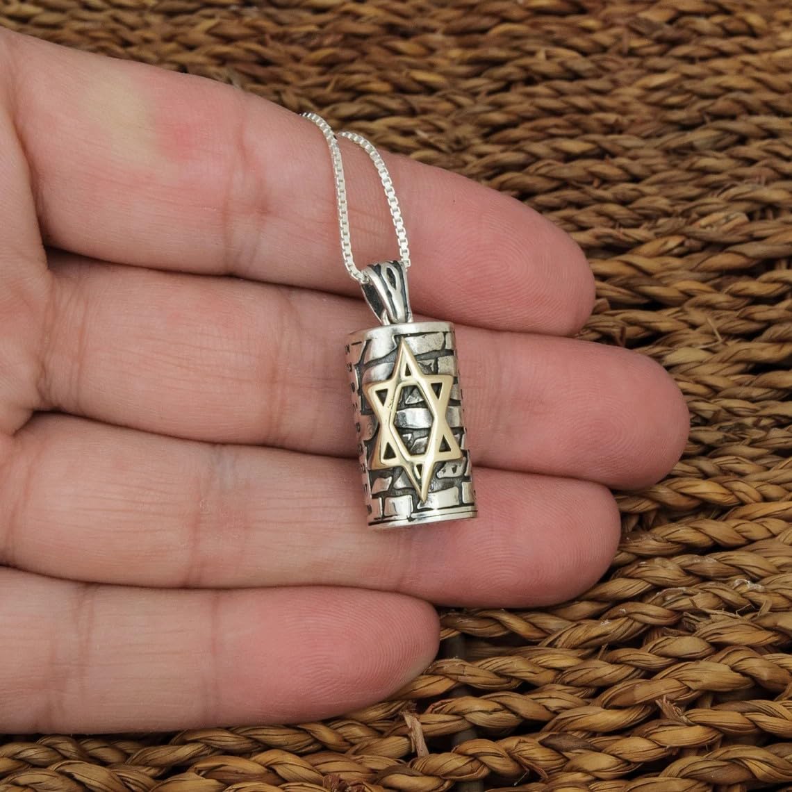 TerraSantaStore Kabbalah Mezuzah w/Star of David Ana Be-Koach Prayer Pendant Necklace Amulet for Women Men Sterling Silver & 9K Gold Jewelry Jewish Gift Jerusalem Kotel 1.12