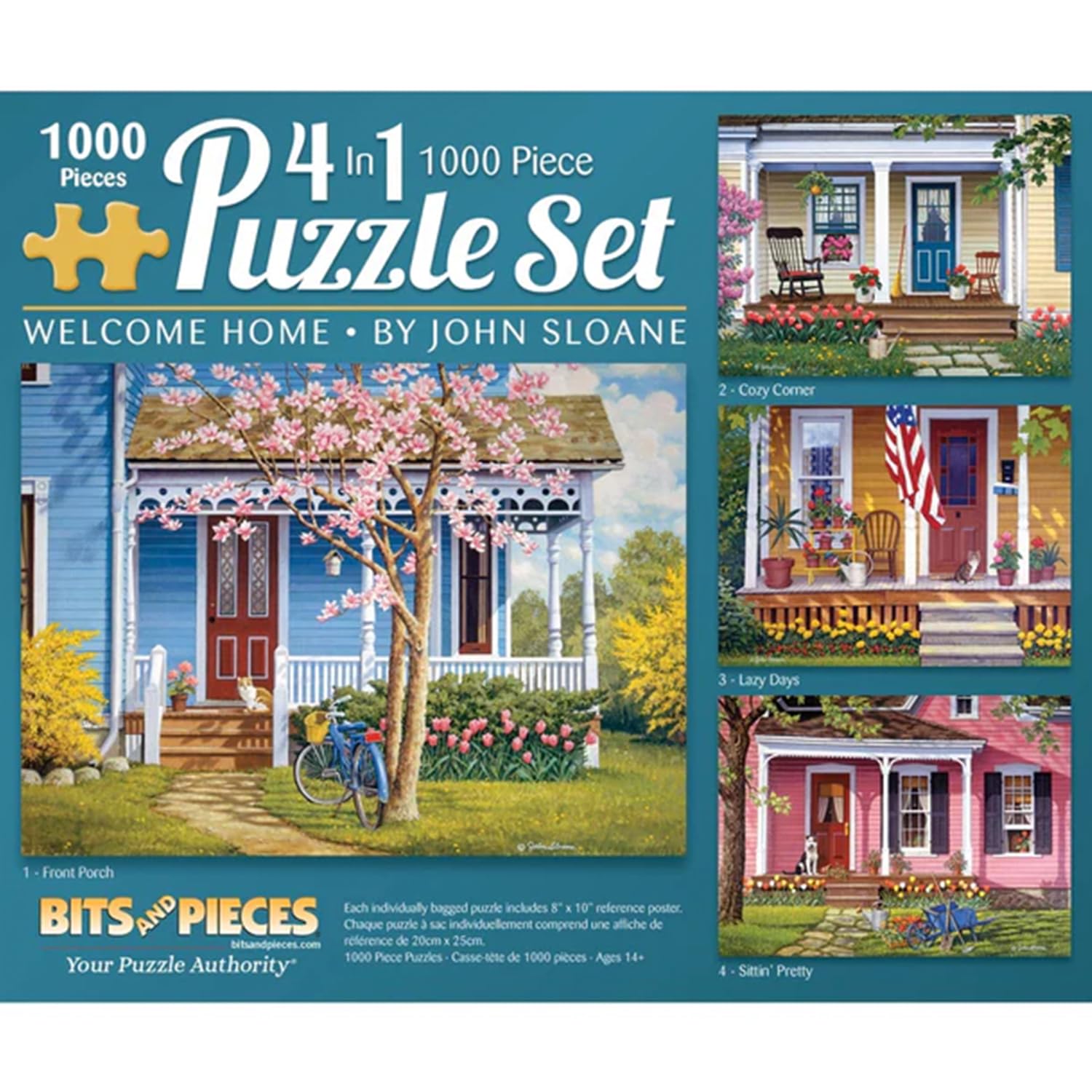 Bits and Pieces 4 Jigsaw Puzzle Set 1000 Piece Puzzles for Adults, 4-in-1 Welcome Home Set - Large 20" x 27" Jigsaw Puzzles 1000 Pieces - Americana Houses Porch - Random Die Cut Pieces No 2 are Alike