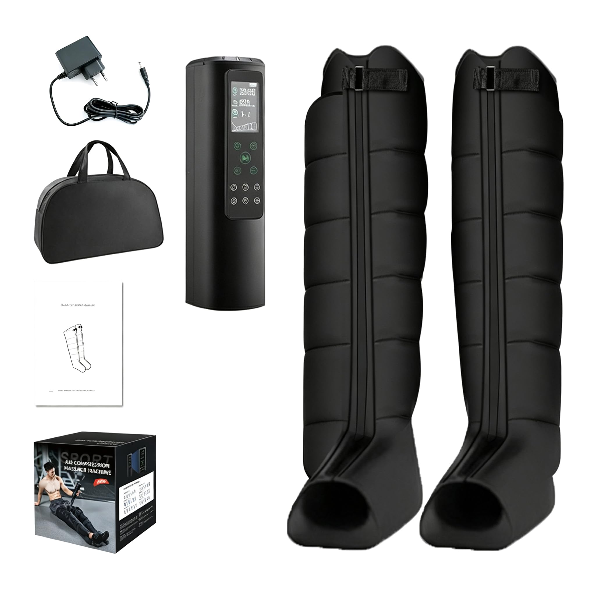 Presoterapia Inalámbrica con Botas de Compresión Portátiles | 12 Modos Masaje, 60-270mmHg, Drenaje Linfático, Pantalla LCD, USB-C Recargable, Diseño Compacto para Viajes y Gimnasio