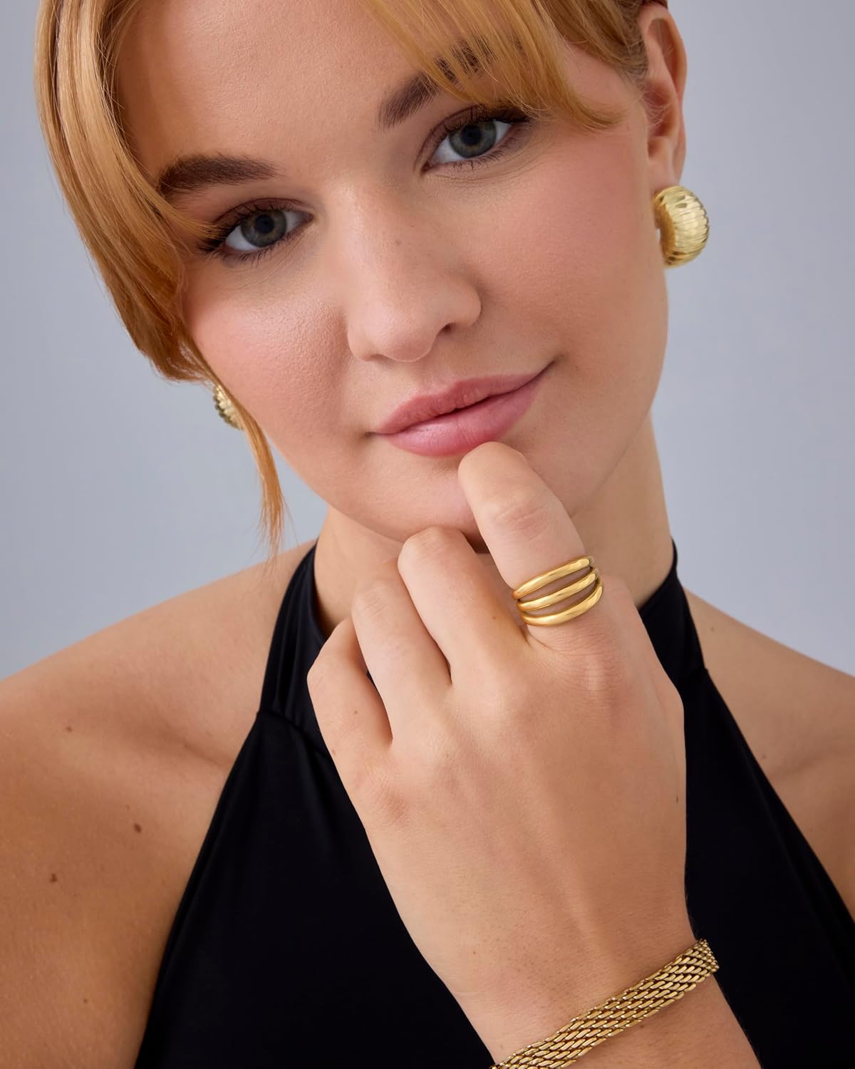 PAVOI 14K Gold Plated Chunky Curved Triple Stackable Ring for Women - Stainless Steel Three in One Statement Rings - Waterproof Thick Multi-Bands - Image 4