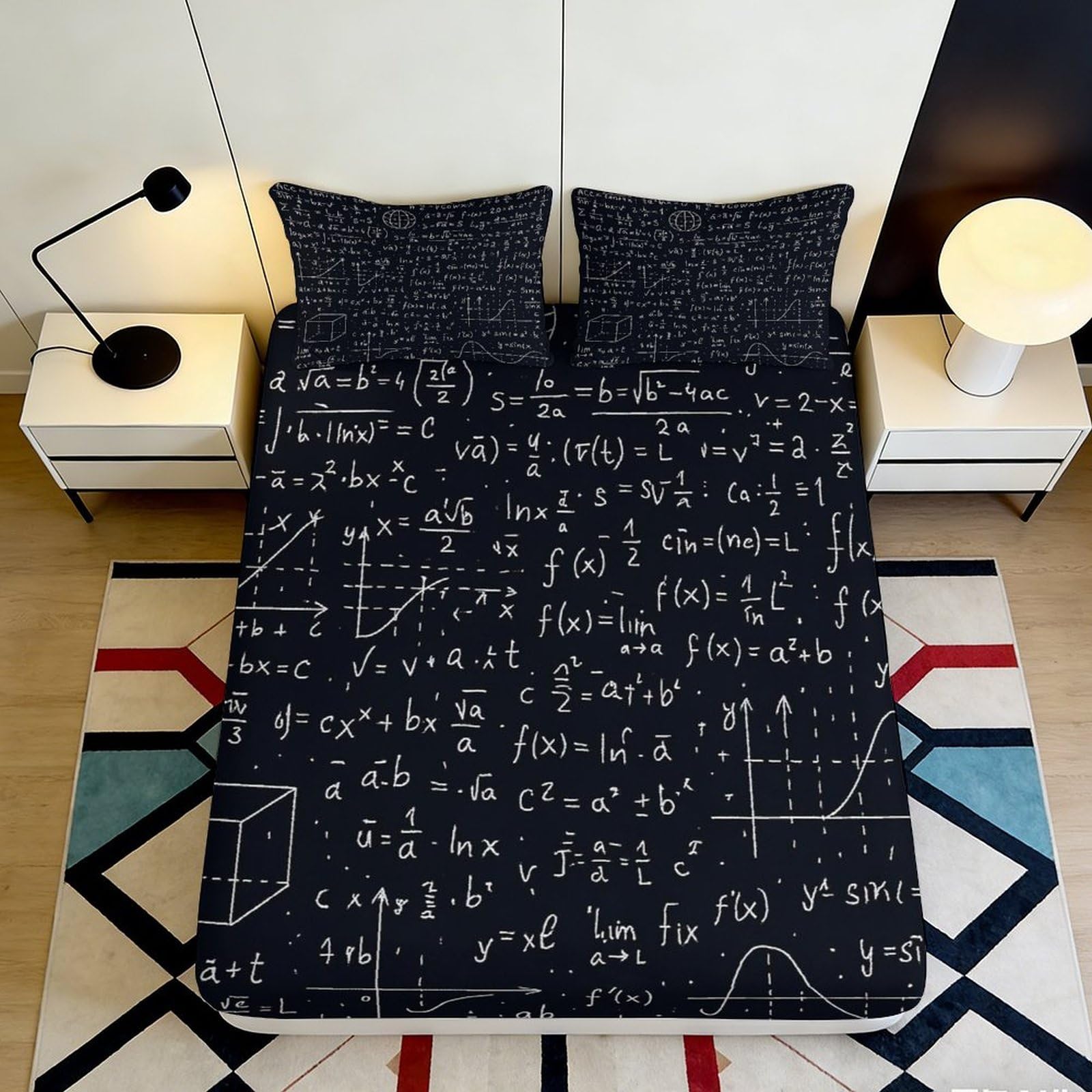 3D Printed Math Formula Fitted Sheet Microfiber Black Science Equation Bed Cover for Bedroom Dorm Mattress Decor 90x200x25cm