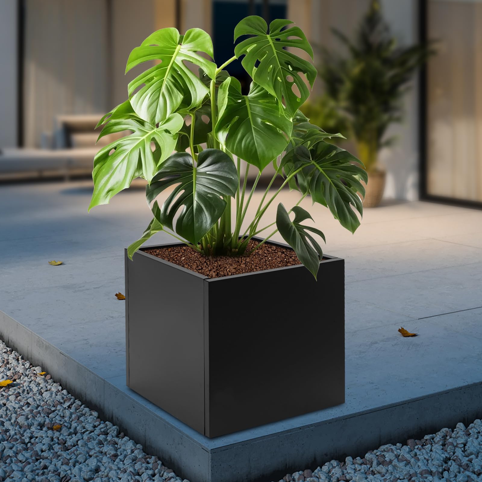Jardinière carrée en acier avec gants - Pour jardin, entrée, terrasse - 60 x 60 x 60 cm - Noir
