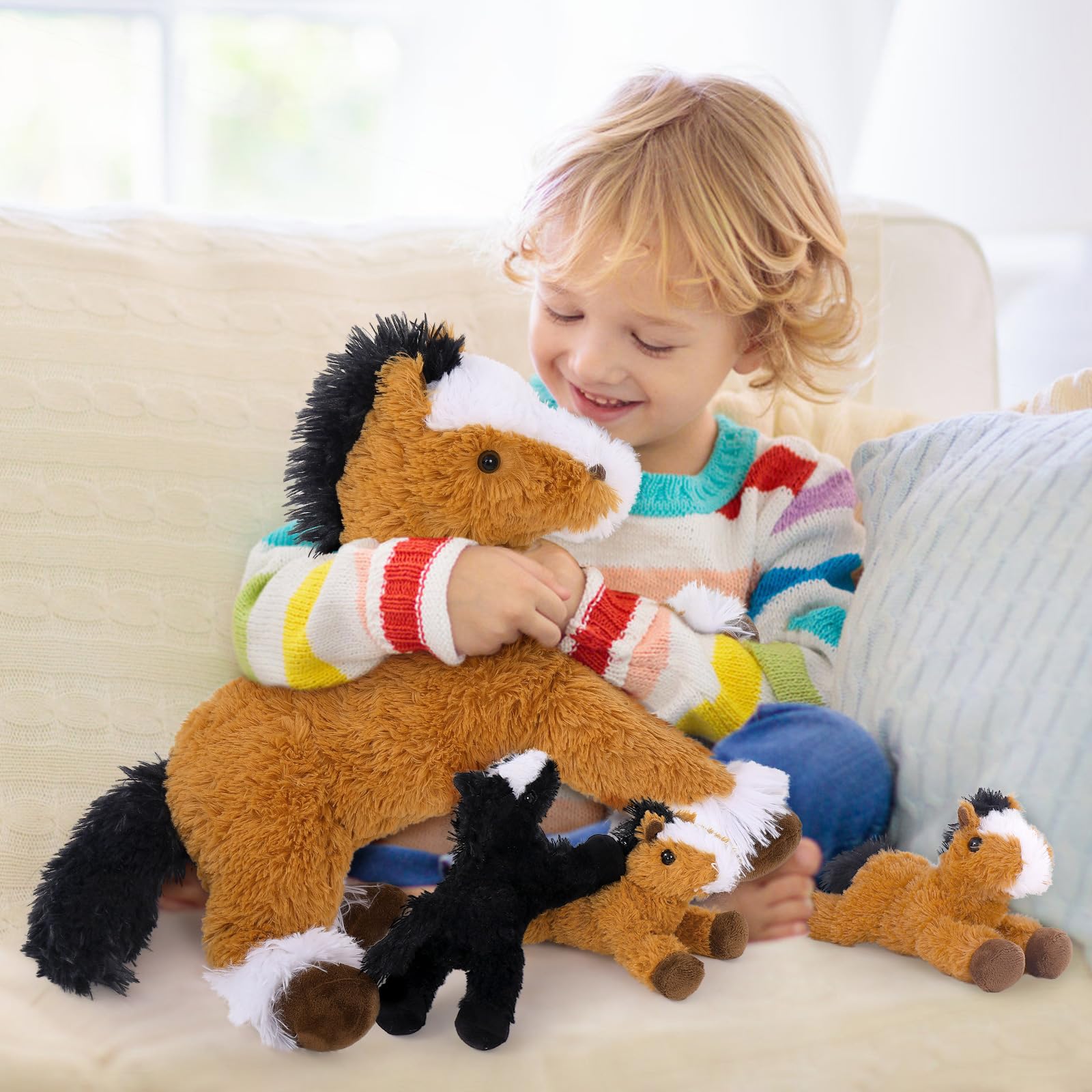 MorisMos Dunkel Braun Pferd Kuscheltier groß XXL mit 3 Baby im Bauch, 54cm lang groß Plüschpferd Stofftier Plüschtier, Horse Pony Geburtstag Weihnachten Geschenk Kinder