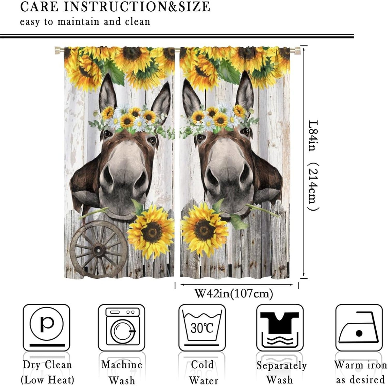 Vintage Farmhouse Donkey Curtains,Funny Cute Donkey Rustic Wooden Board Wheel Floral Sunflower Window Treatments Thermal Insulated Rod Pocket Blackout Drapes for Bedroom 2 Panels 84L x 42W