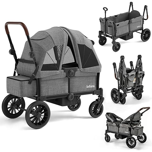 INFANS Wagon Stroller for 2 Kids, Collapsible Adjustable Push Pull Handle Bar, 2 Seater Stroller Wagon with Removable Canopy Snack Tray, Comfortable Drop-Down footwell and Upholstered Seats