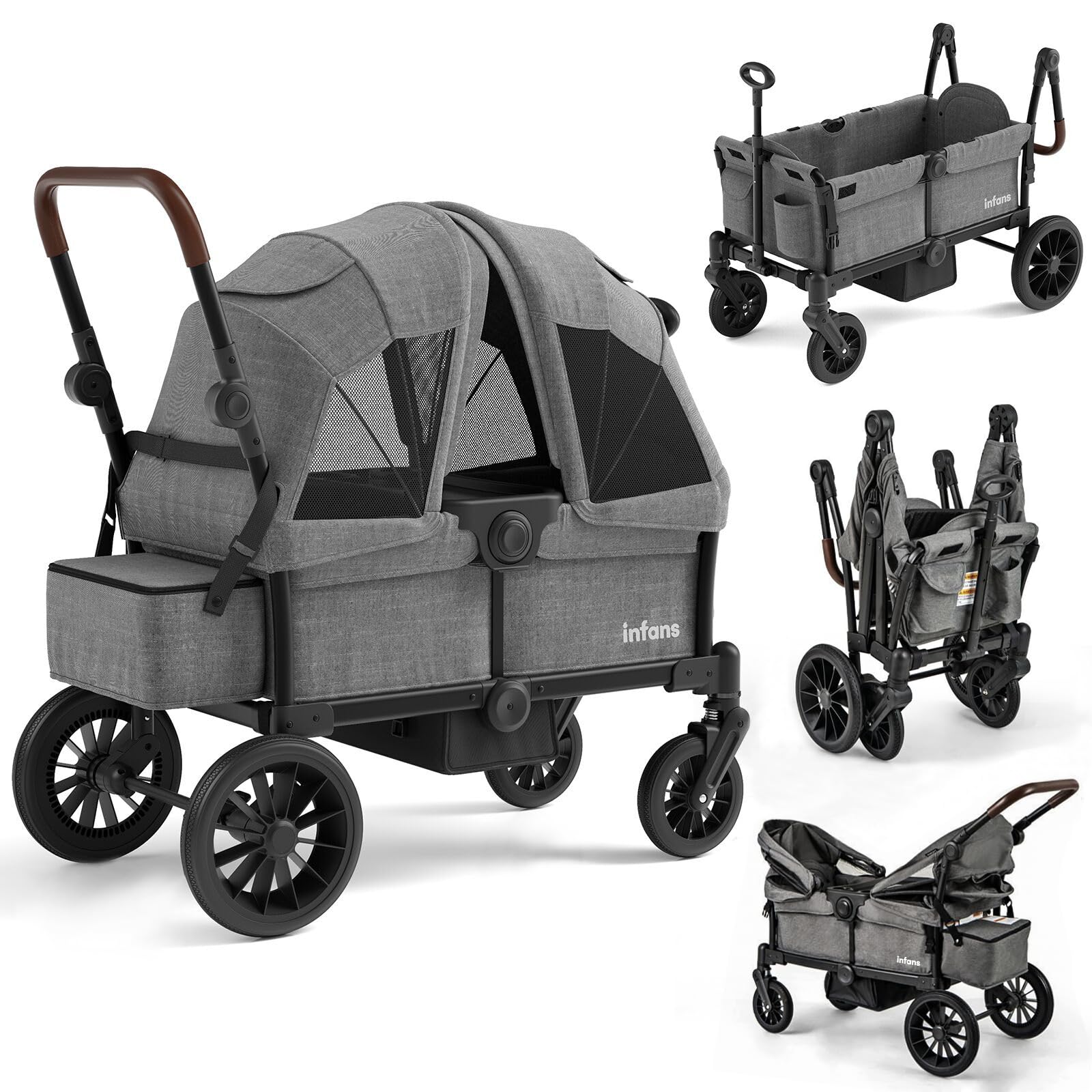 INFANS Wagon Stroller for 2 Kids, Collapsible Adjustable Push Pull Handle Bar, 2 Seater Stroller Wagon with Removable Canopy Snack Tray, Comfortable