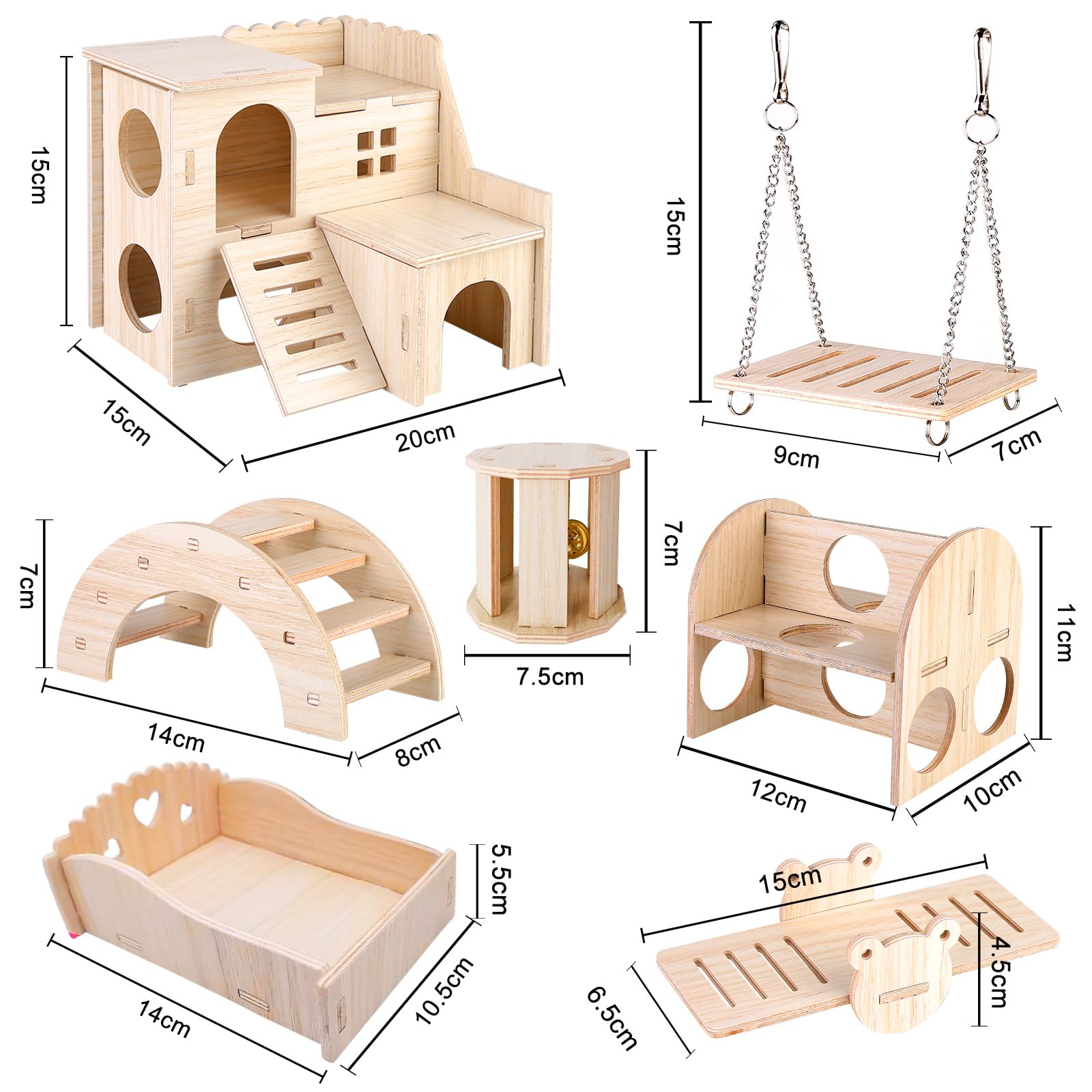 Vegena Wooden Hamster House Set - 7 Piece Pine Toy Collection With Seesaw, Bridge and Swing for Guinea Pigs Bunnies and Small Pets - Image 2