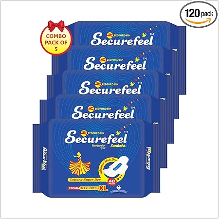 SECUREFEEL SURAKSHA - Maxi Fresh All Night XL Sanitary Pads For Women With Wings | 280mm Length | Fluid Lock | Double Protection Channels (Blue,XL) (120)