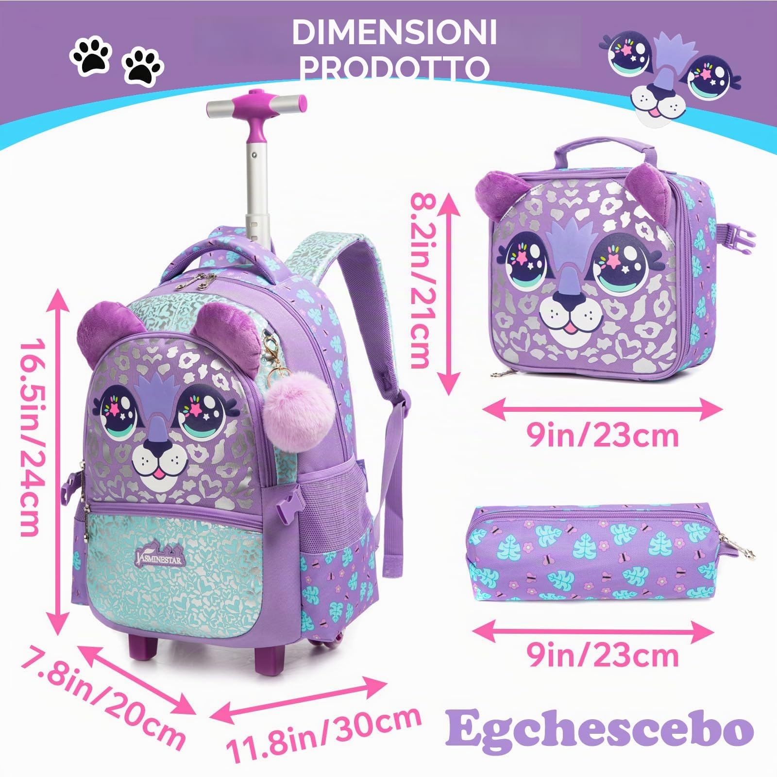 Zaino con Rotelle Bambina Trolley Animale Zainetto Asilo Scuola Elementare Primaria 17” 3PCS Borsa Pranzo Portamatite Media Carrello Ruote Valigia Ragazza per Rullo Valigia da Viaggio Viola